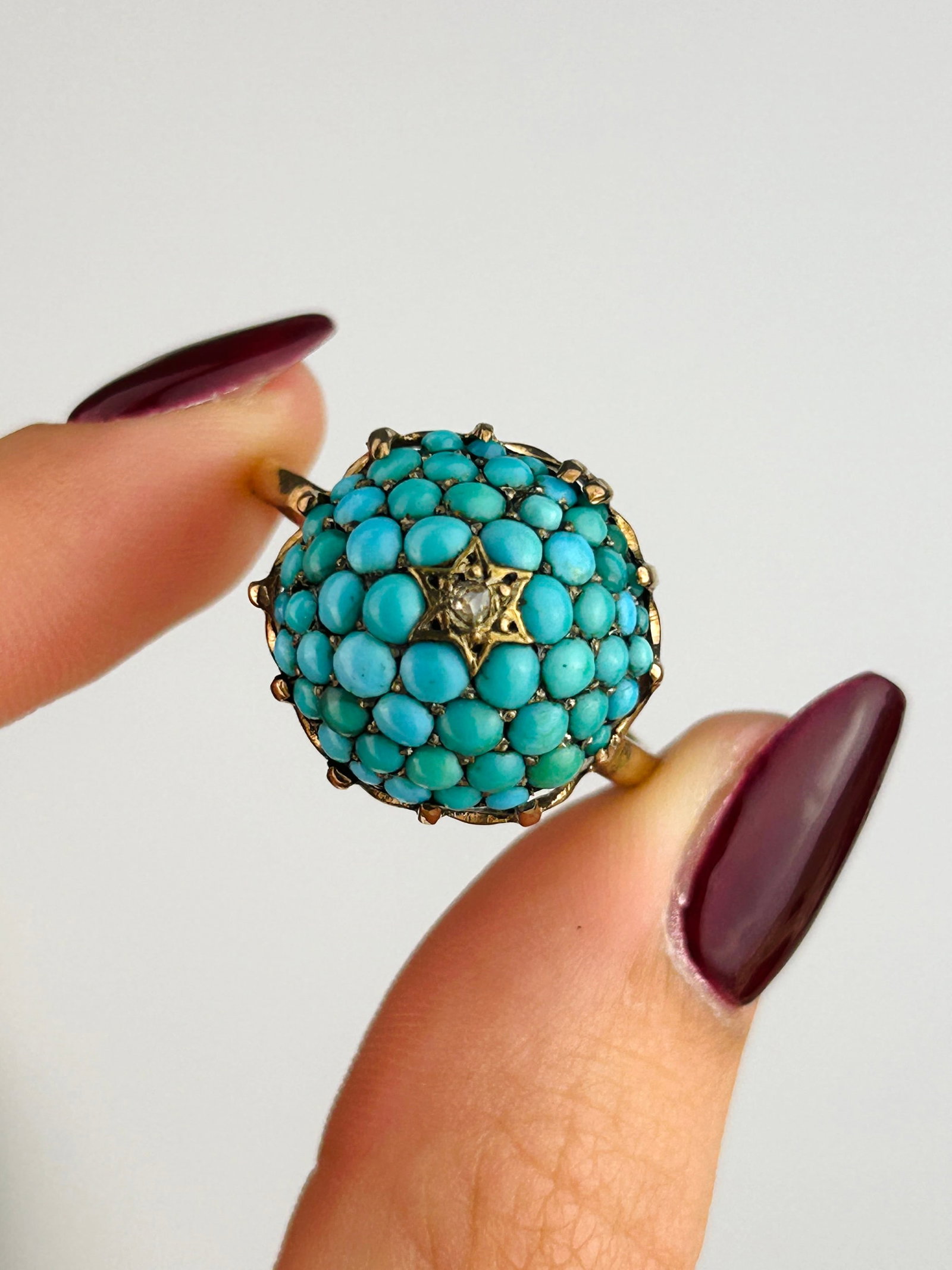 Antique Victorian Turquoise and Diamond Bombe Ring in 9ct Gold - 5