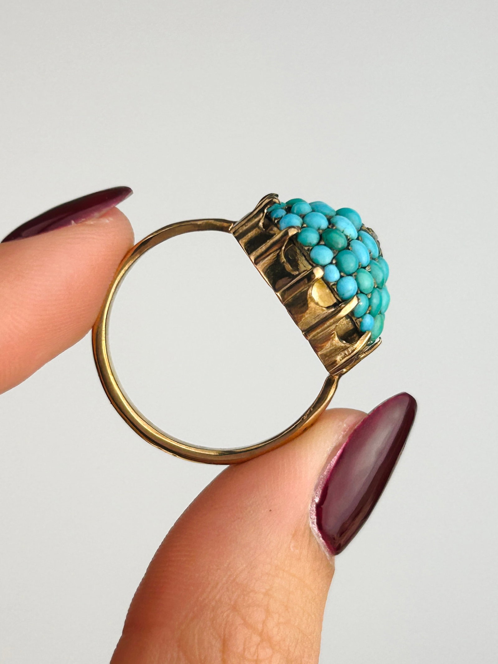 Antique Victorian Turquoise and Diamond Bombe Ring in 9ct Gold - 6