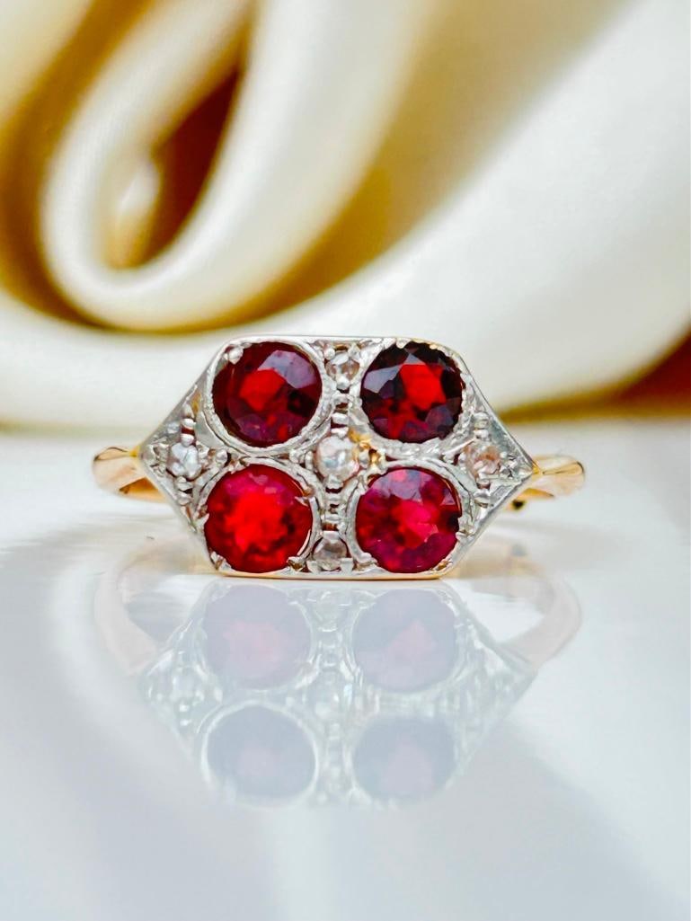 Lovely Garnet and Diamond Gold Ring: Lovely Garnet and Diamond Gold Ring the prettiest garnet ring, truly delightful measurements size UK O US 71/2 head of ring 15mm x 14mm weight 2.59g stamped 9ct 