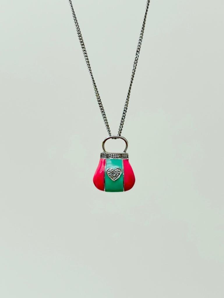 Sweet 9ct White Gold Pink and Green Enamel and Diamond Handbag Pendant on 9ct White Gold Chain - 3