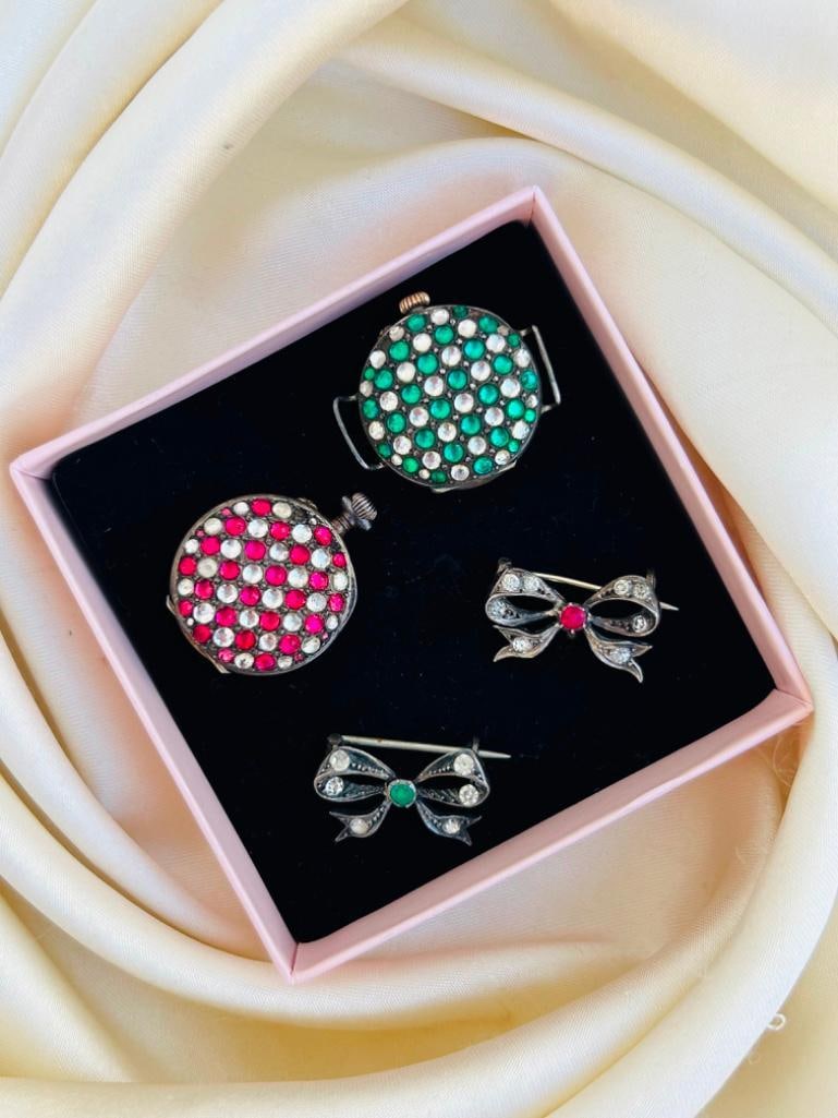 Two Gemset Pocket Watches and Matching Bow Brooches - 2