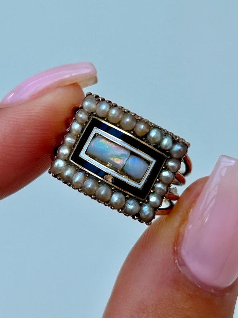 Antique Circa 1800 Opal Pear and Enamel Mourning Ring: Antique Circa 1800 Opal Pear and Enamel Mourning Ring opal has crack see pics gorgeous spilt shoulders measurements size UK K 1/2 US 5 1/2 head of