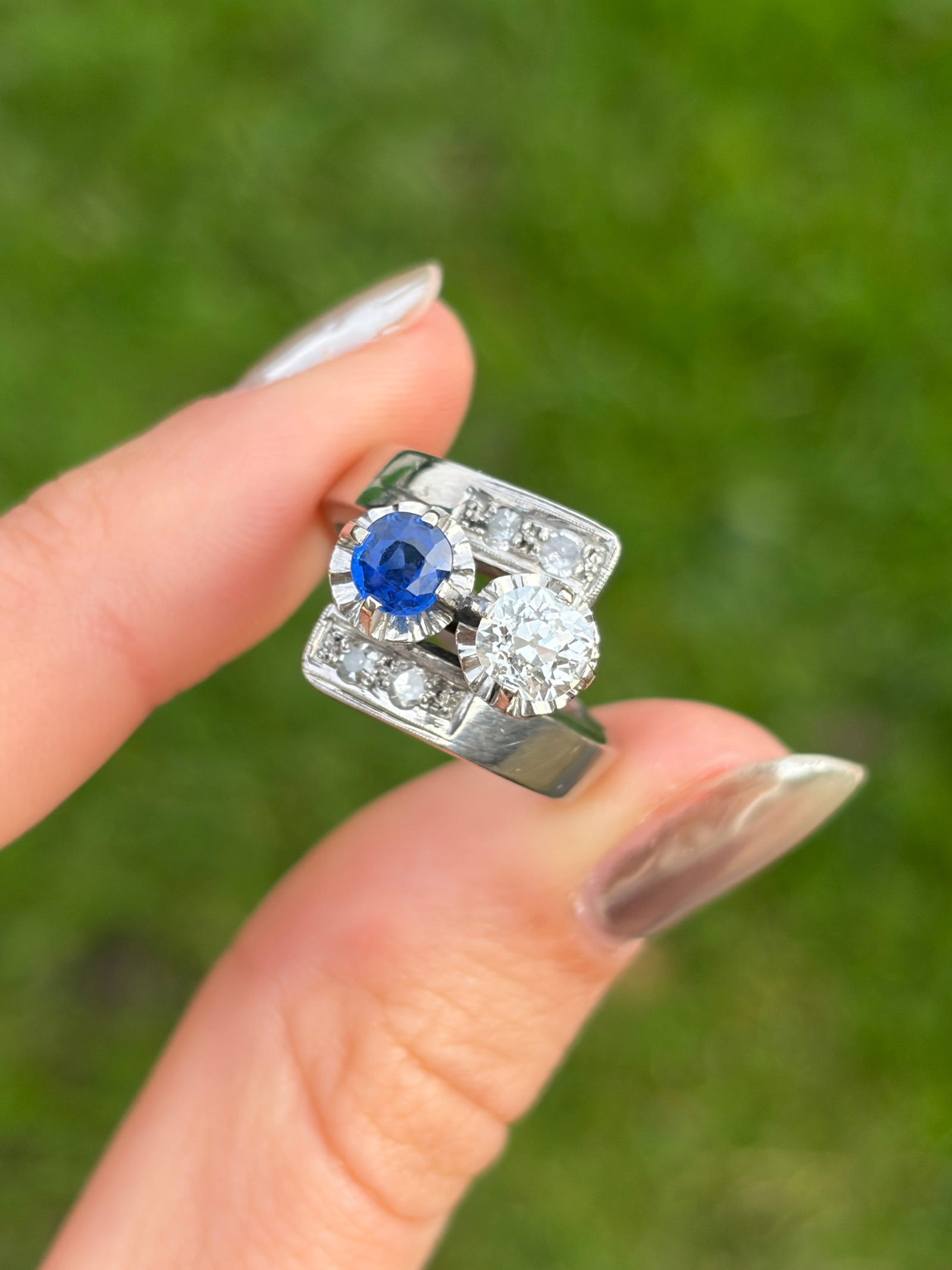 Chunky Sapphire and Diamond Moi et Toi Twist Ring in Platinum - 10