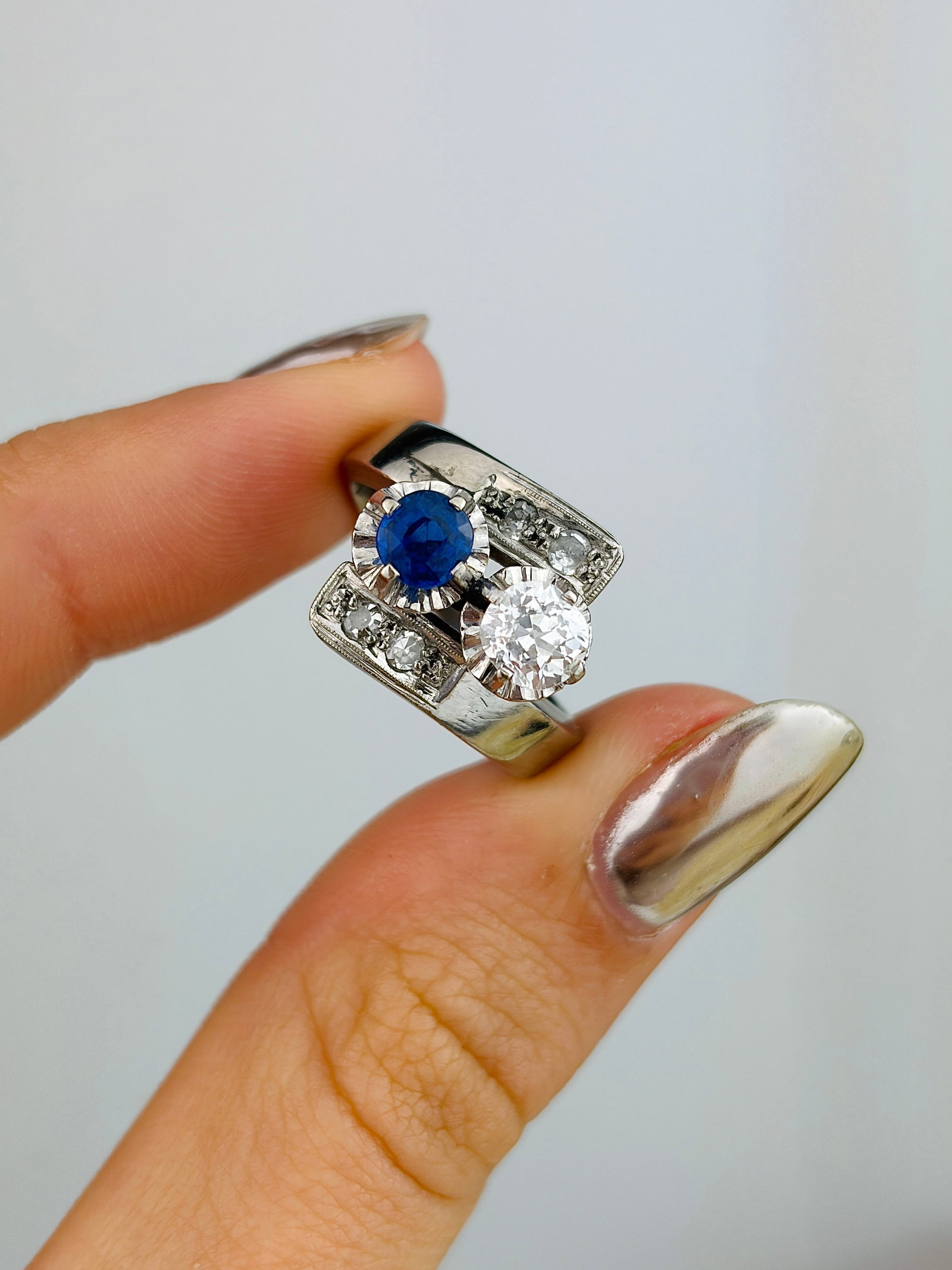 Chunky Sapphire and Diamond Moi et Toi Twist Ring in Platinum - 5