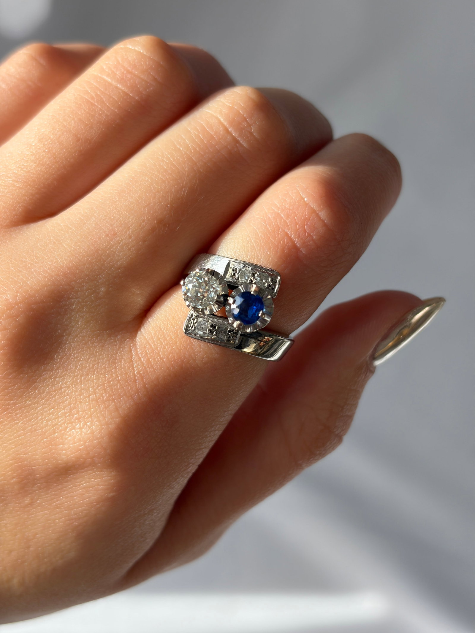 Chunky Sapphire and Diamond Moi et Toi Twist Ring in Platinum - 9