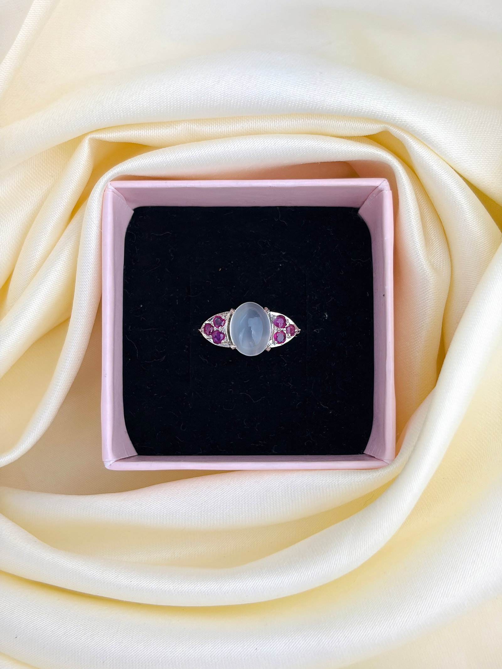 CABOCHON MOONSTONE AND RUBY RING IN SILVER - 10