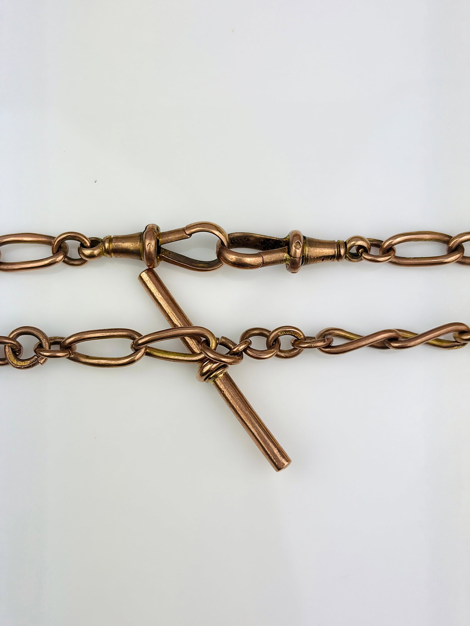heavy antique 9ct rose gold double Albert chain necklace with tbar and dog clips - 4