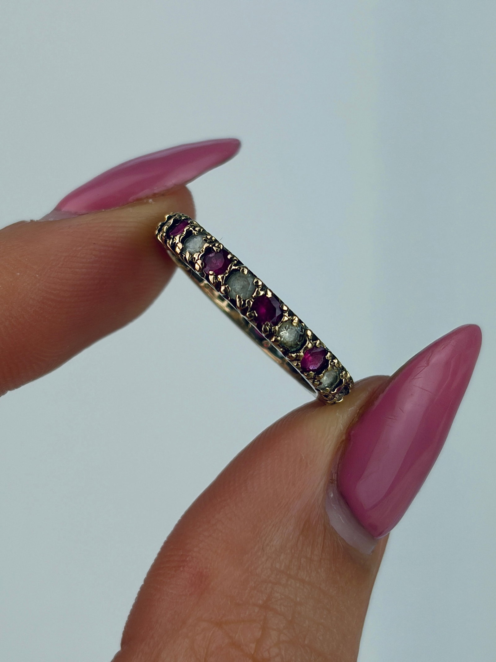 VINTAGE 9CT YELLOW GOLD RUBY AND WHITE SPINEL FULL ETERNITY BAND RING - 4
