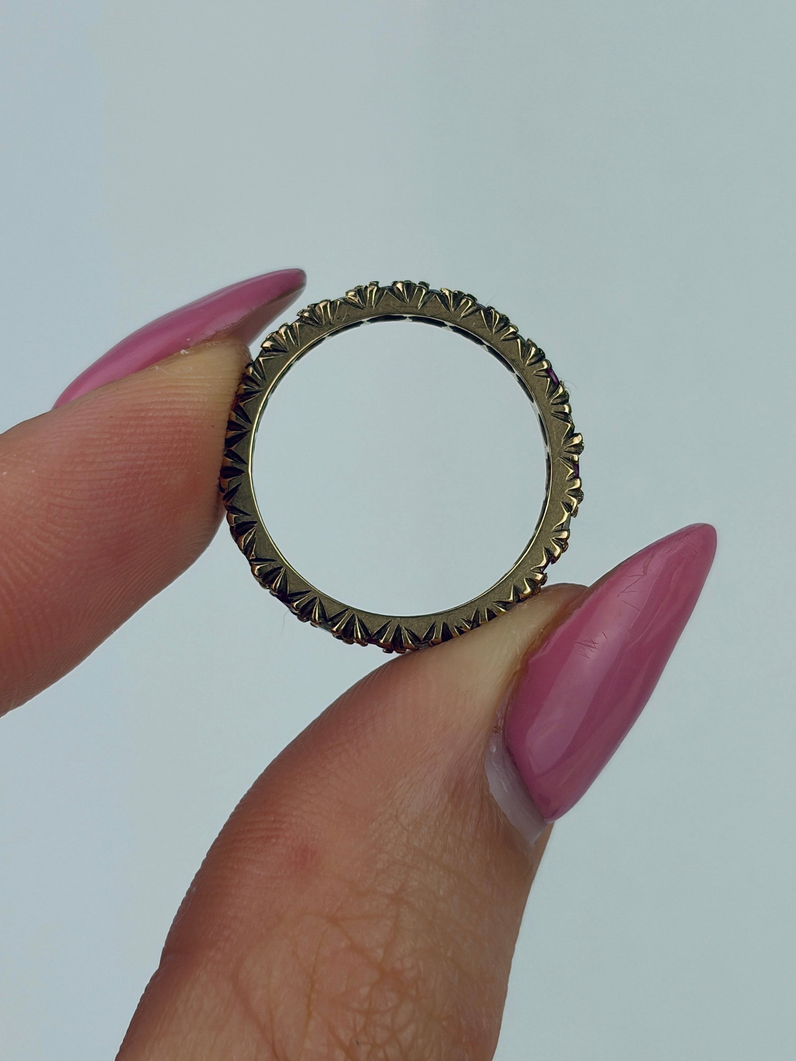 VINTAGE 9CT YELLOW GOLD RUBY AND WHITE SPINEL FULL ETERNITY BAND RING - 5
