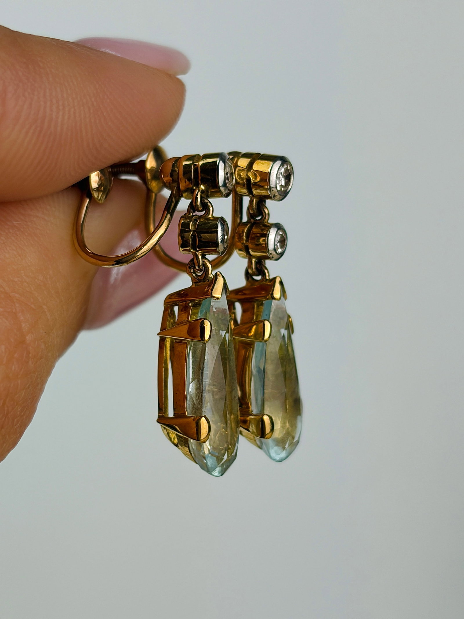 9ct gold aquamarine and diamond drop earrings screw back - 2