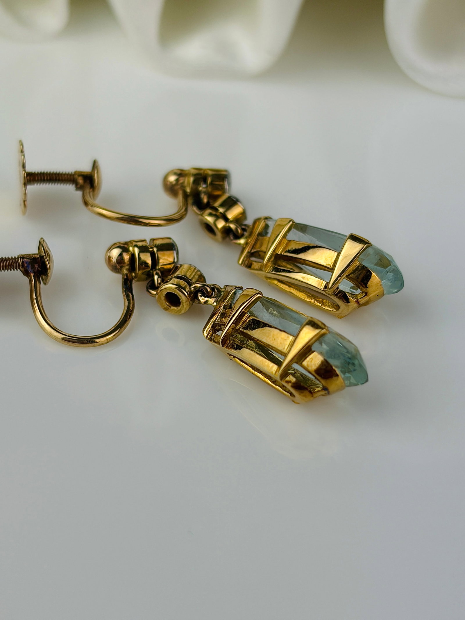 9ct gold aquamarine and diamond drop earrings screw back - 3