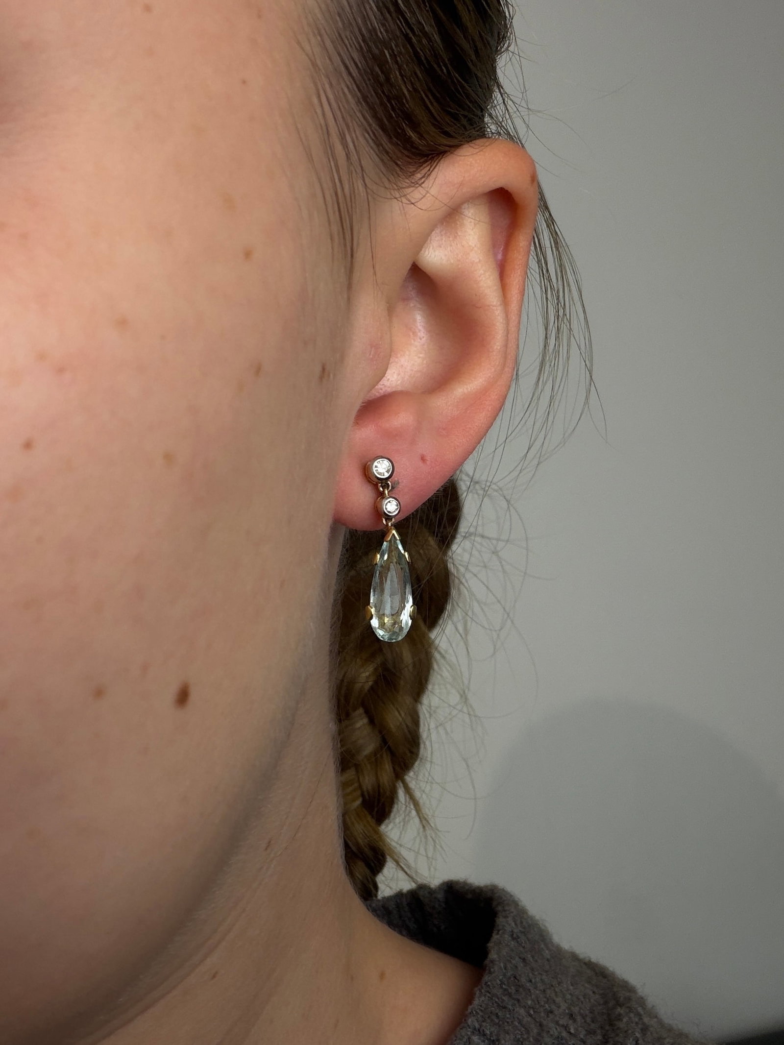 9ct gold aquamarine and diamond drop earrings screw back - 6