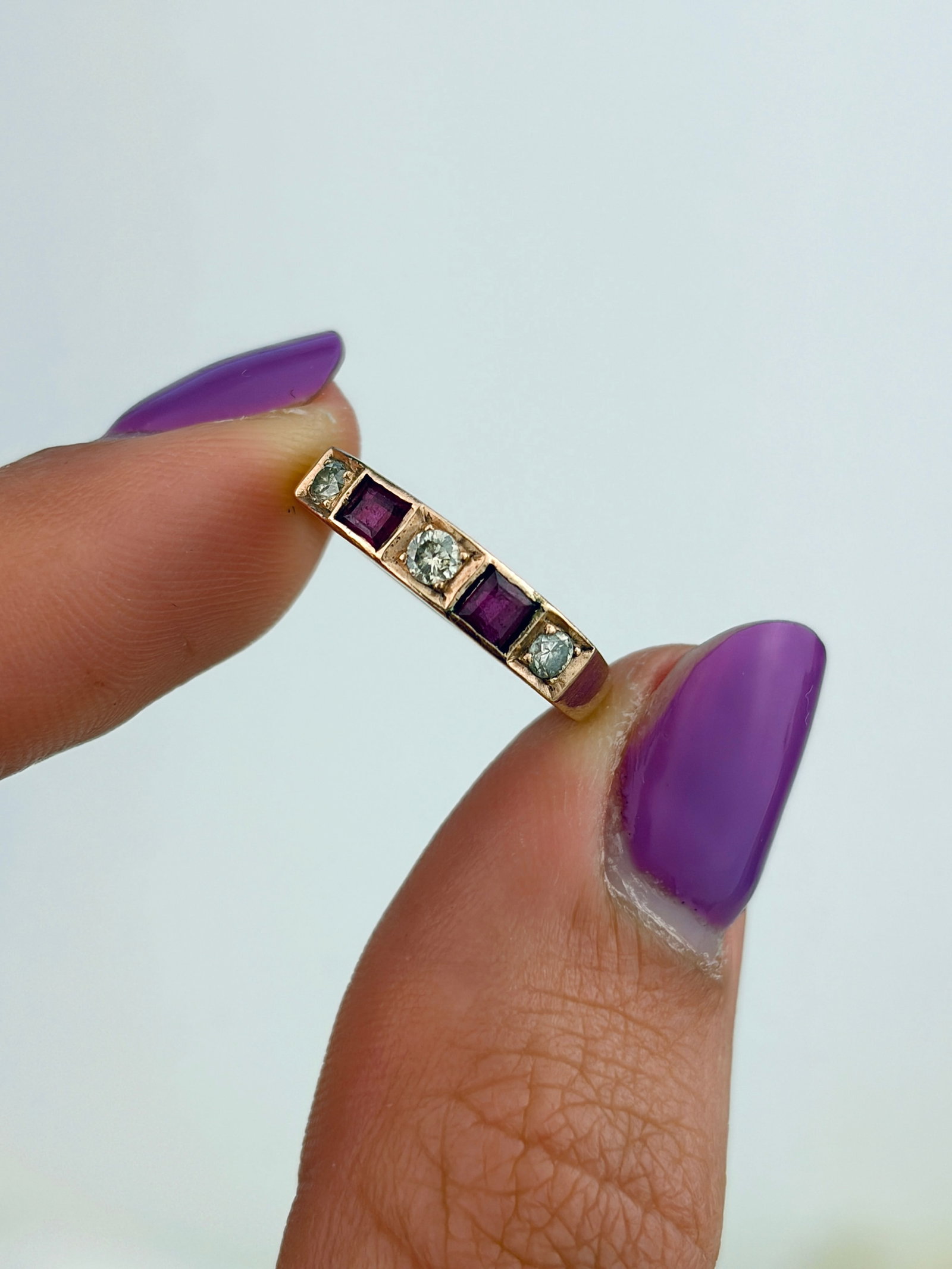 VINTAGE 14CT YELLOW GOLD RUBY AND DIAMOND HALF HOOP PINKY RING - 5