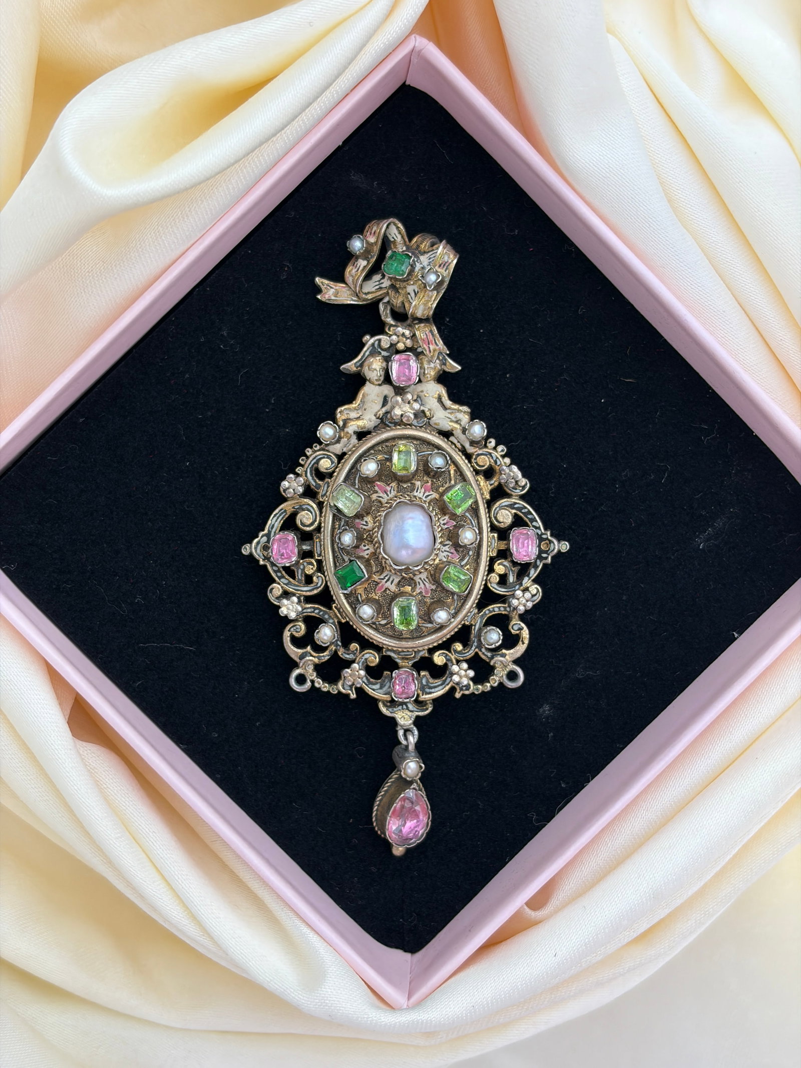 ANTIQUE RARE AUSTRO HUNGARIAN ENAMEL, PEARL, PINK AND GREEN SPINEL LARGE PENDANT WITH LOCKET - 12