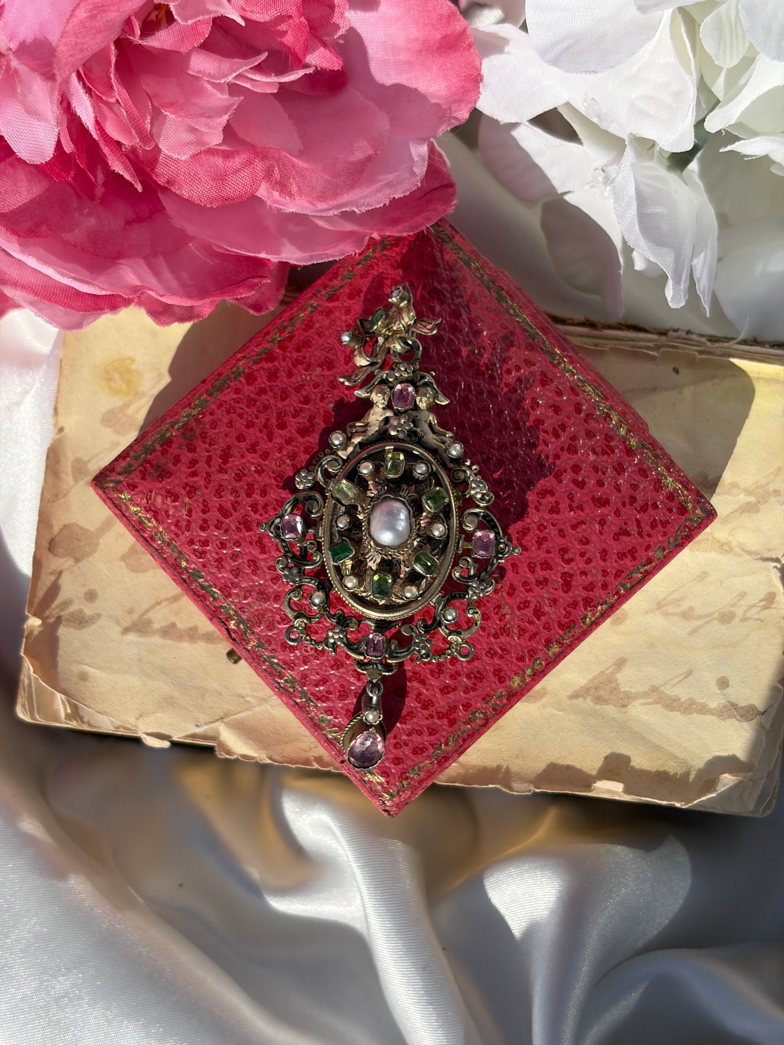 ANTIQUE RARE AUSTRO HUNGARIAN ENAMEL, PEARL, PINK AND GREEN SPINEL LARGE PENDANT WITH LOCKET - 3