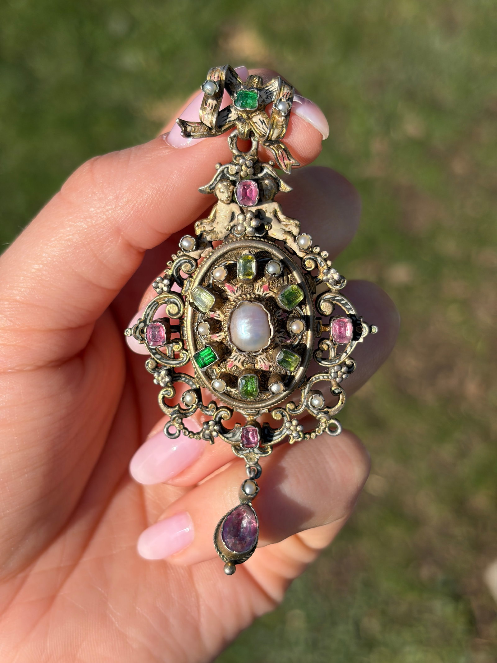 ANTIQUE RARE AUSTRO HUNGARIAN ENAMEL, PEARL, PINK AND GREEN SPINEL LARGE PENDANT WITH LOCKET - 4