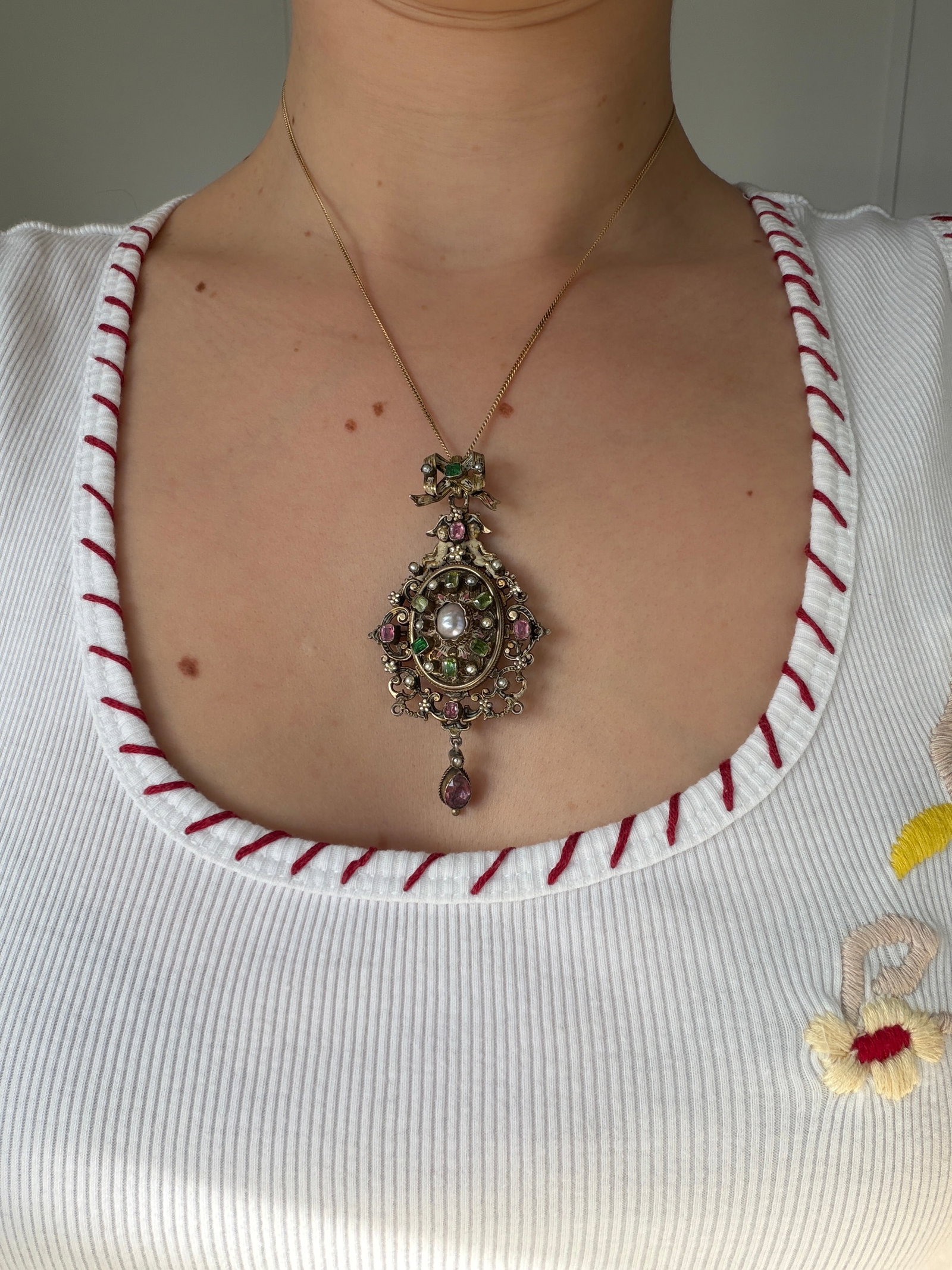 ANTIQUE RARE AUSTRO HUNGARIAN ENAMEL, PEARL, PINK AND GREEN SPINEL LARGE PENDANT WITH LOCKET - 5