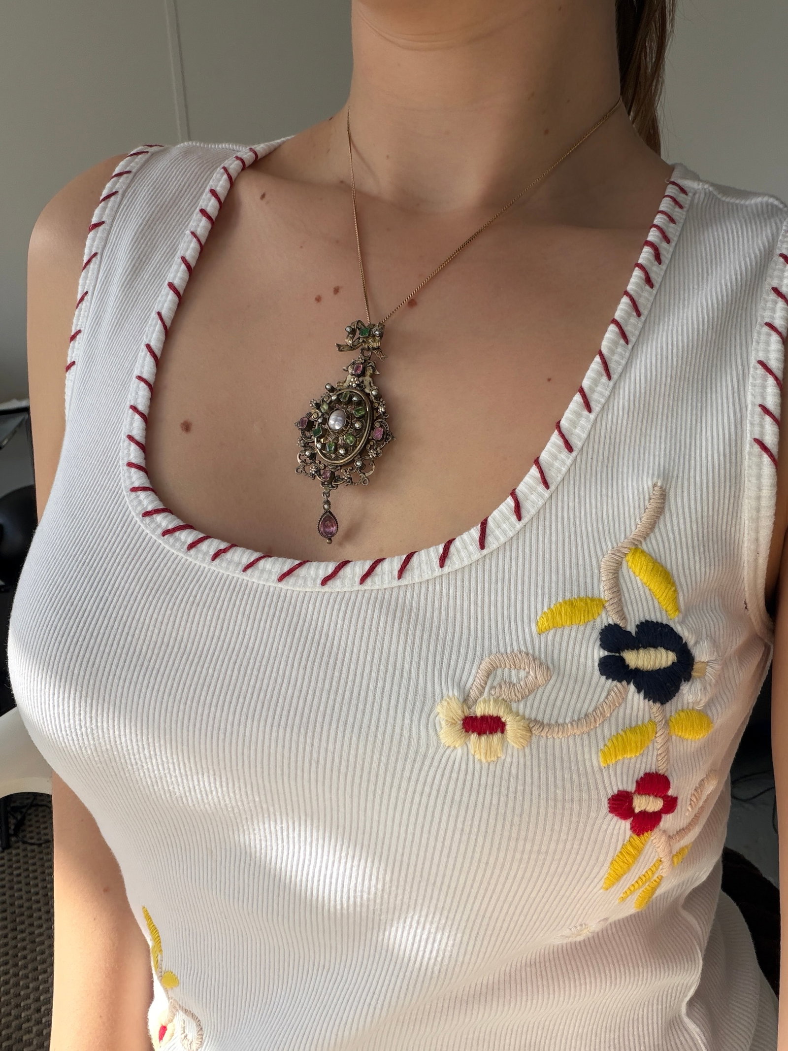 ANTIQUE RARE AUSTRO HUNGARIAN ENAMEL, PEARL, PINK AND GREEN SPINEL LARGE PENDANT WITH LOCKET - 6