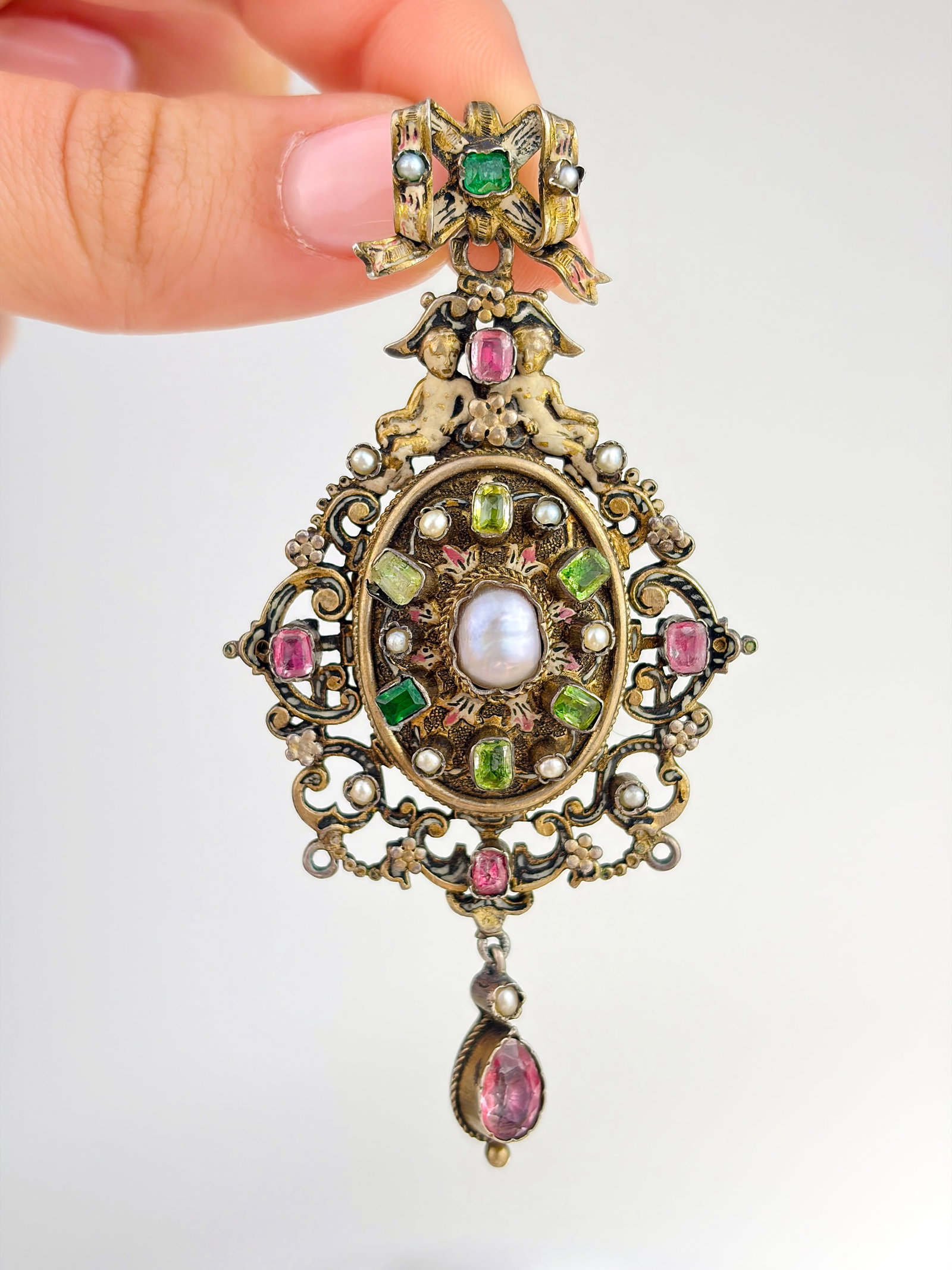 ANTIQUE RARE AUSTRO HUNGARIAN ENAMEL, PEARL, PINK AND GREEN SPINEL LARGE PENDANT WITH LOCKET - 7