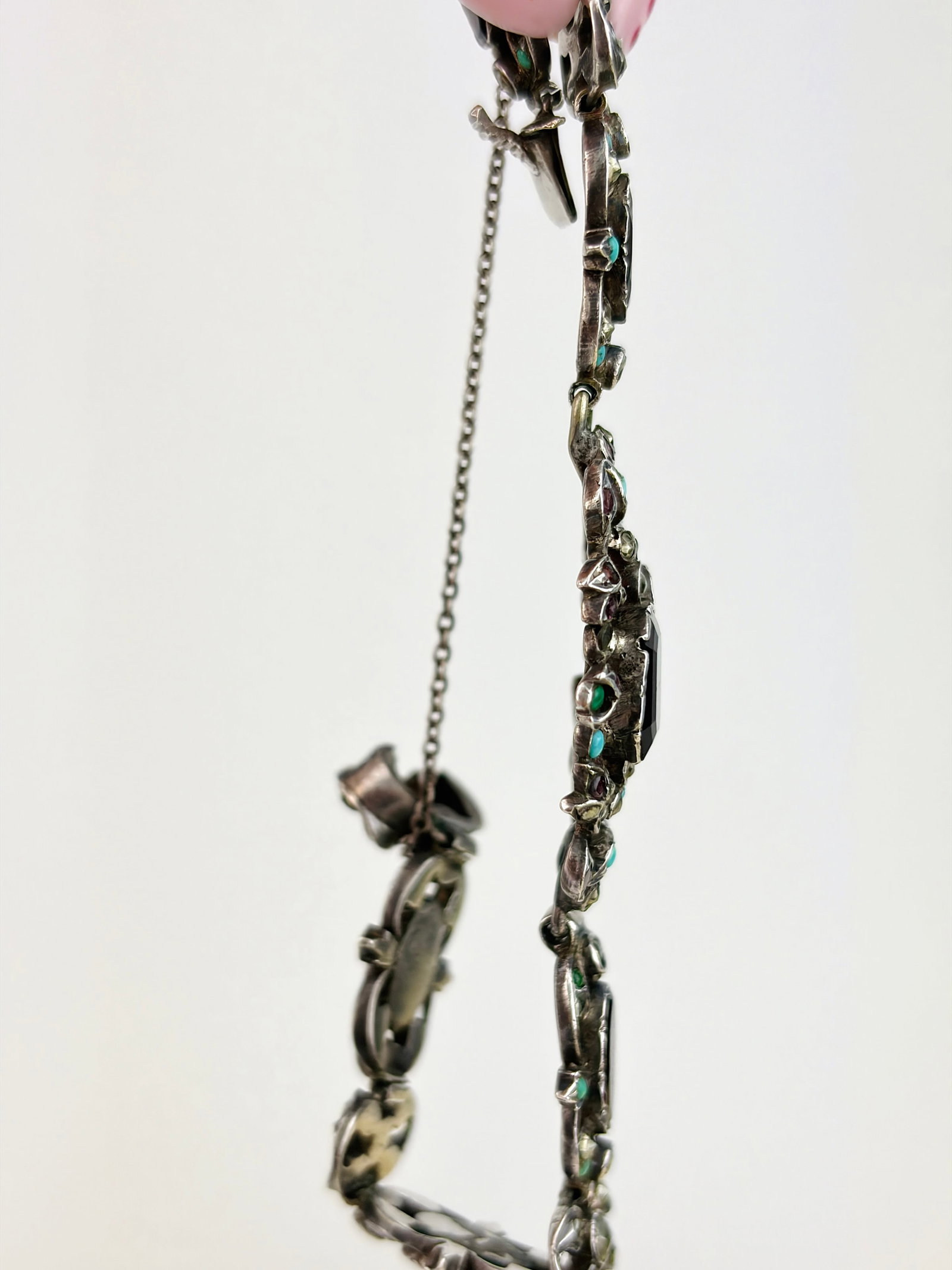 RARE ANTIQUE AUSTRO HUNGARIAN SILVER FLAT CUT GARNET TURQUOISE AND CUT STEEL BRACELET AF - 2