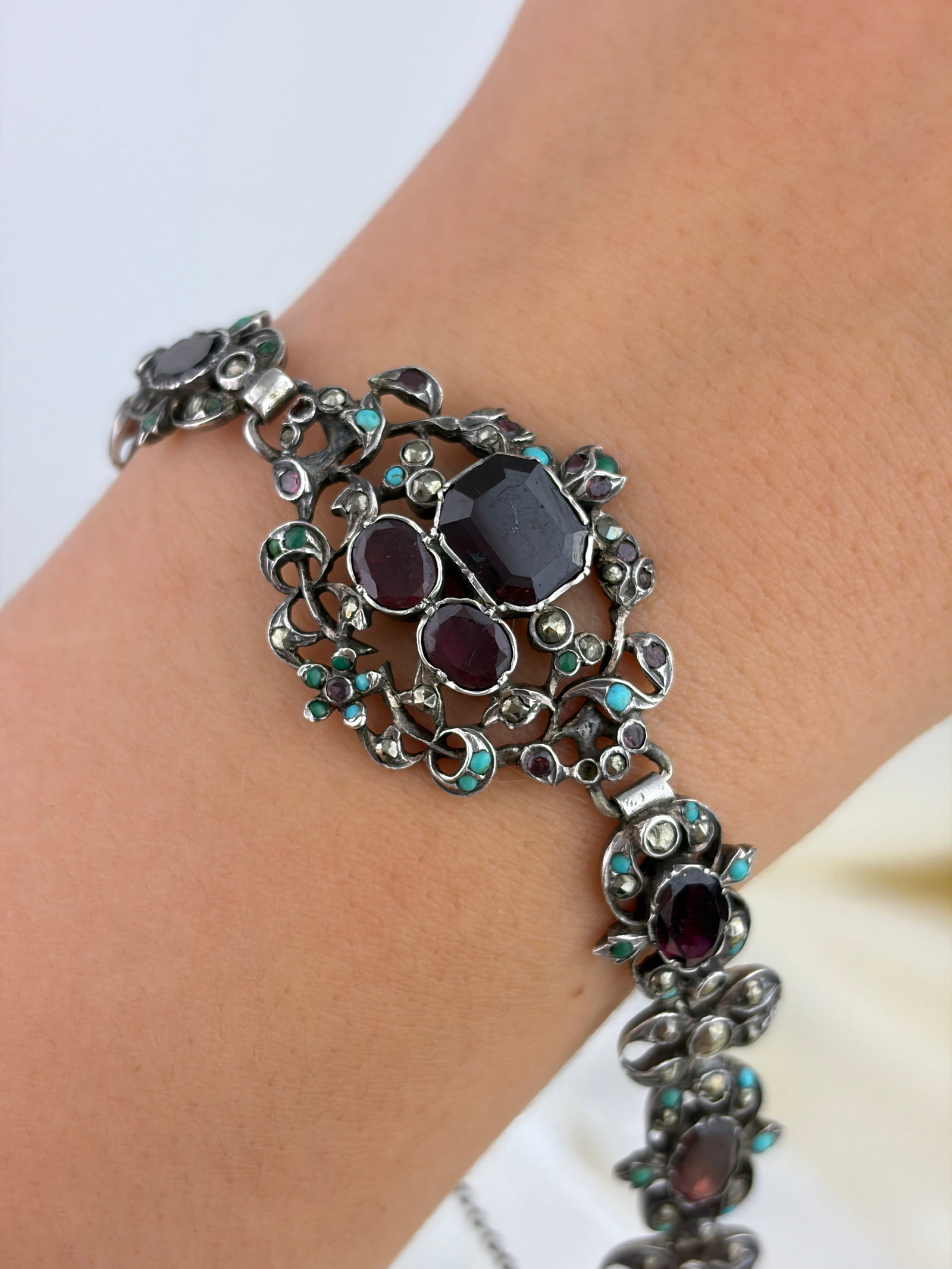 RARE ANTIQUE AUSTRO HUNGARIAN SILVER FLAT CUT GARNET TURQUOISE AND CUT STEEL BRACELET AF - 5