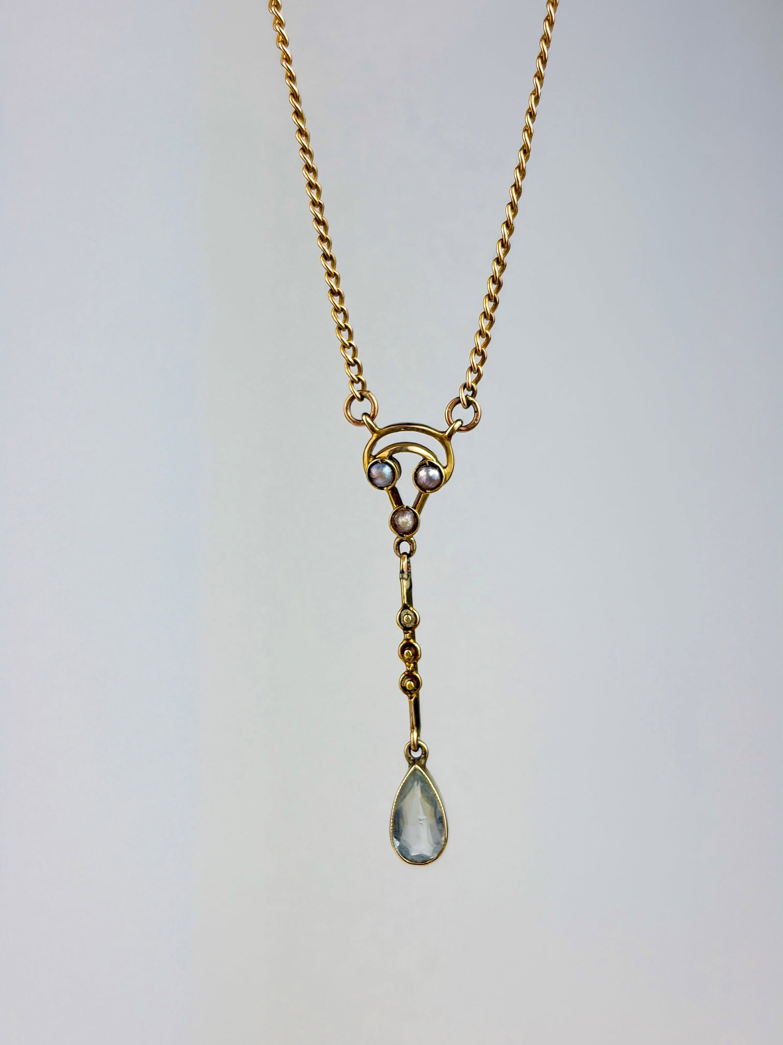 ANTIQUE BOXED 9CT YELLOW GOLD PEARL AND AQUAMARINE DROP NECKLACE - 2