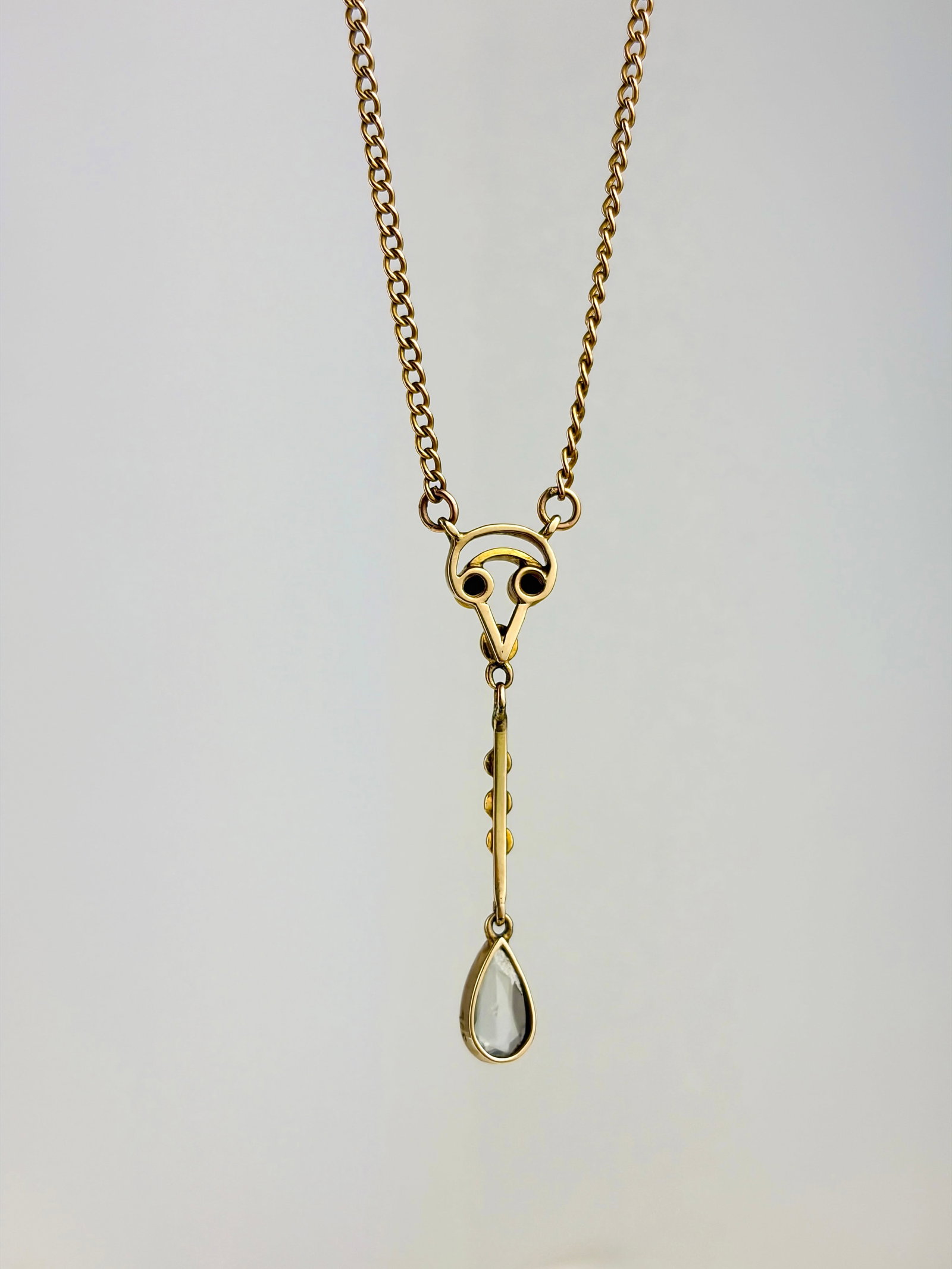 ANTIQUE BOXED 9CT YELLOW GOLD PEARL AND AQUAMARINE DROP NECKLACE - 4