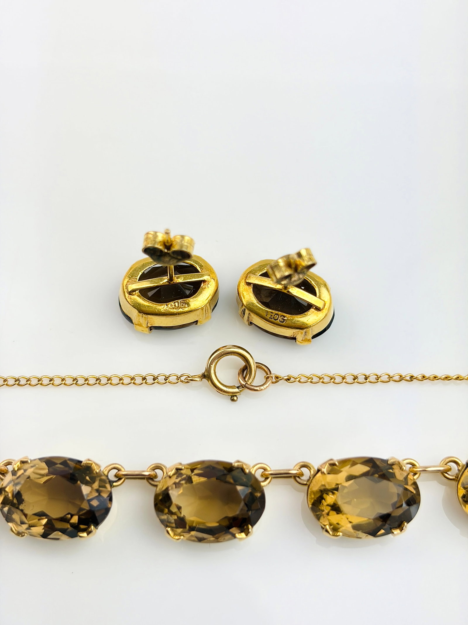 VINTAGE 9CT YELLOW GOLD SMOKEY QUARTZ NECKLACE AND EARRINGS SUITE - 8