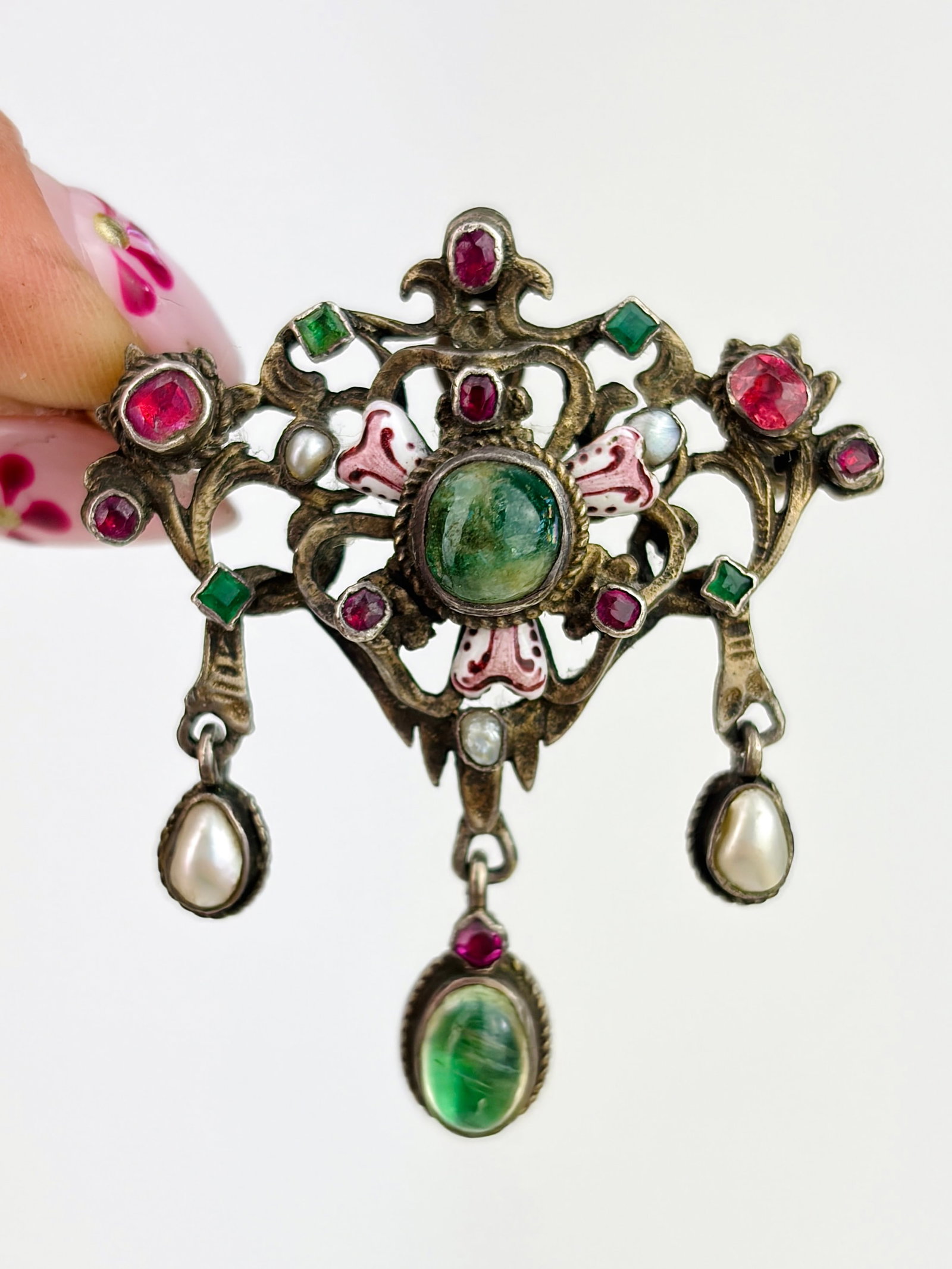 RARE ANTIQUE AUSTRO HUNGARIAN ENAMEL CABOCHON EMERALD, RUBY AND PEARL BROOCH (1 of 6)