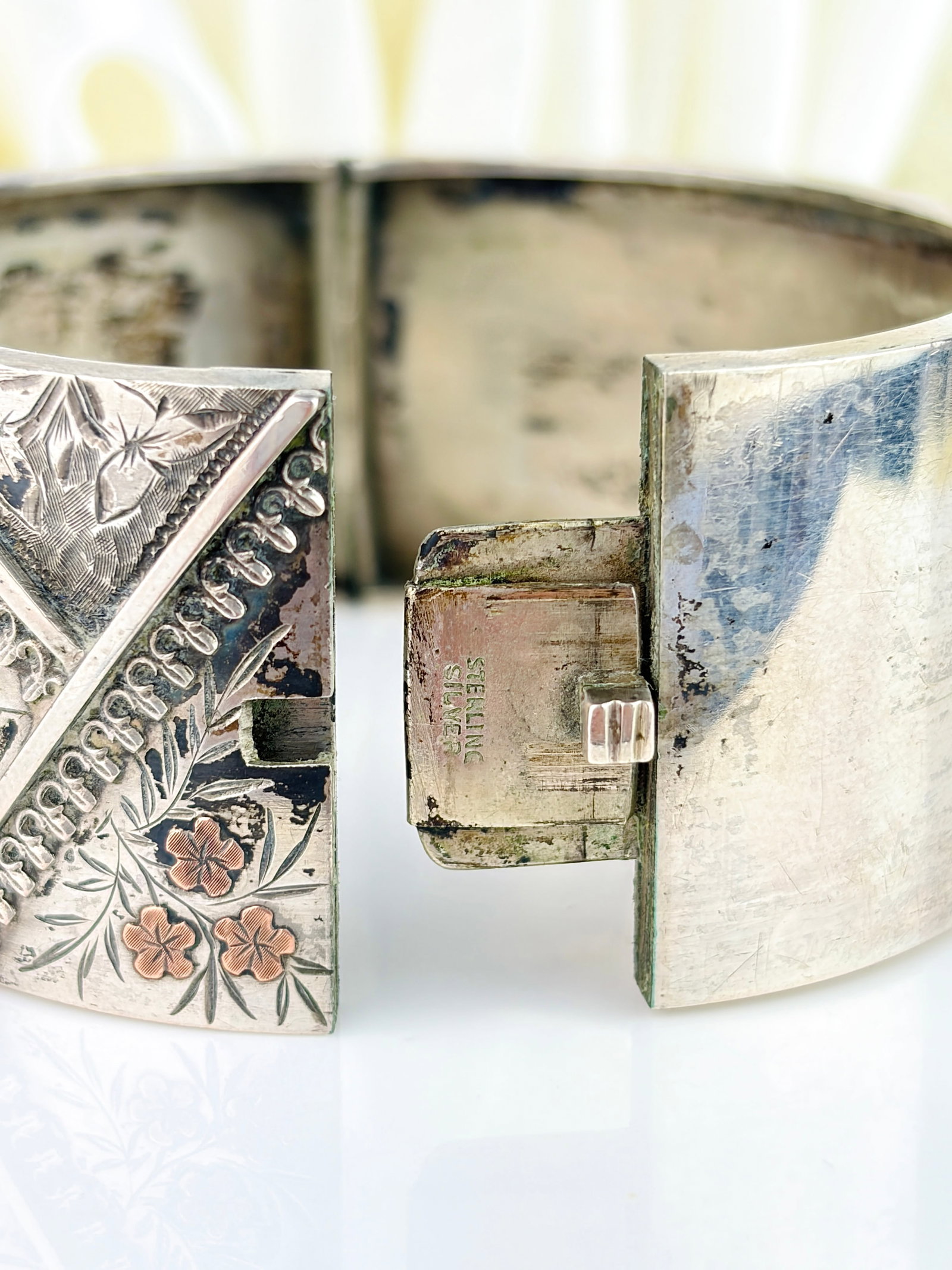 CHUNKY ANTIQUE VICTORIAN FLORAL SILVER BANGLE WITH GOLD OVERLAY - 5