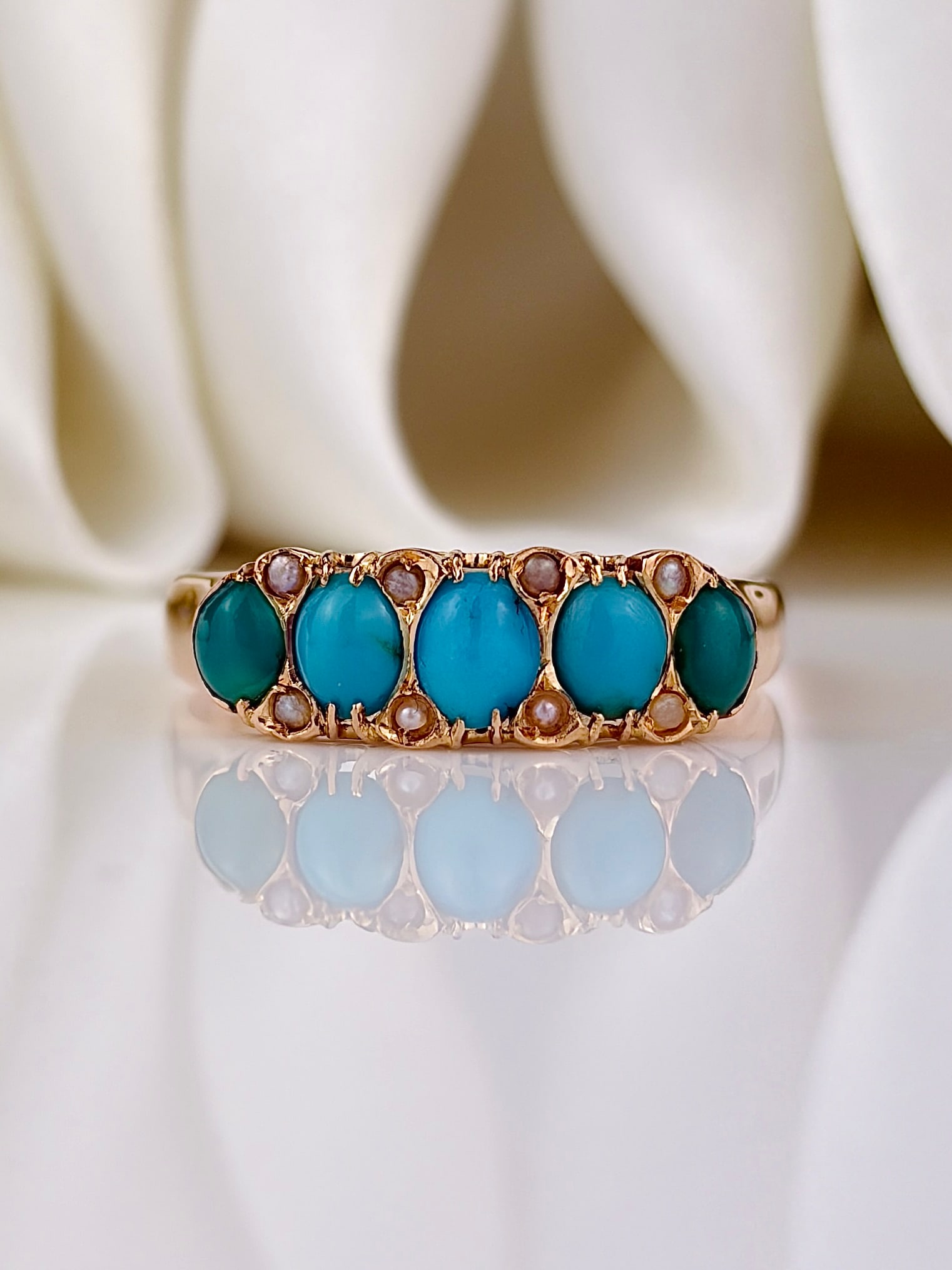 Antique Gold Turquoise and Pearl 5 Stone Ring: Antique gold turquoise and pearl ring