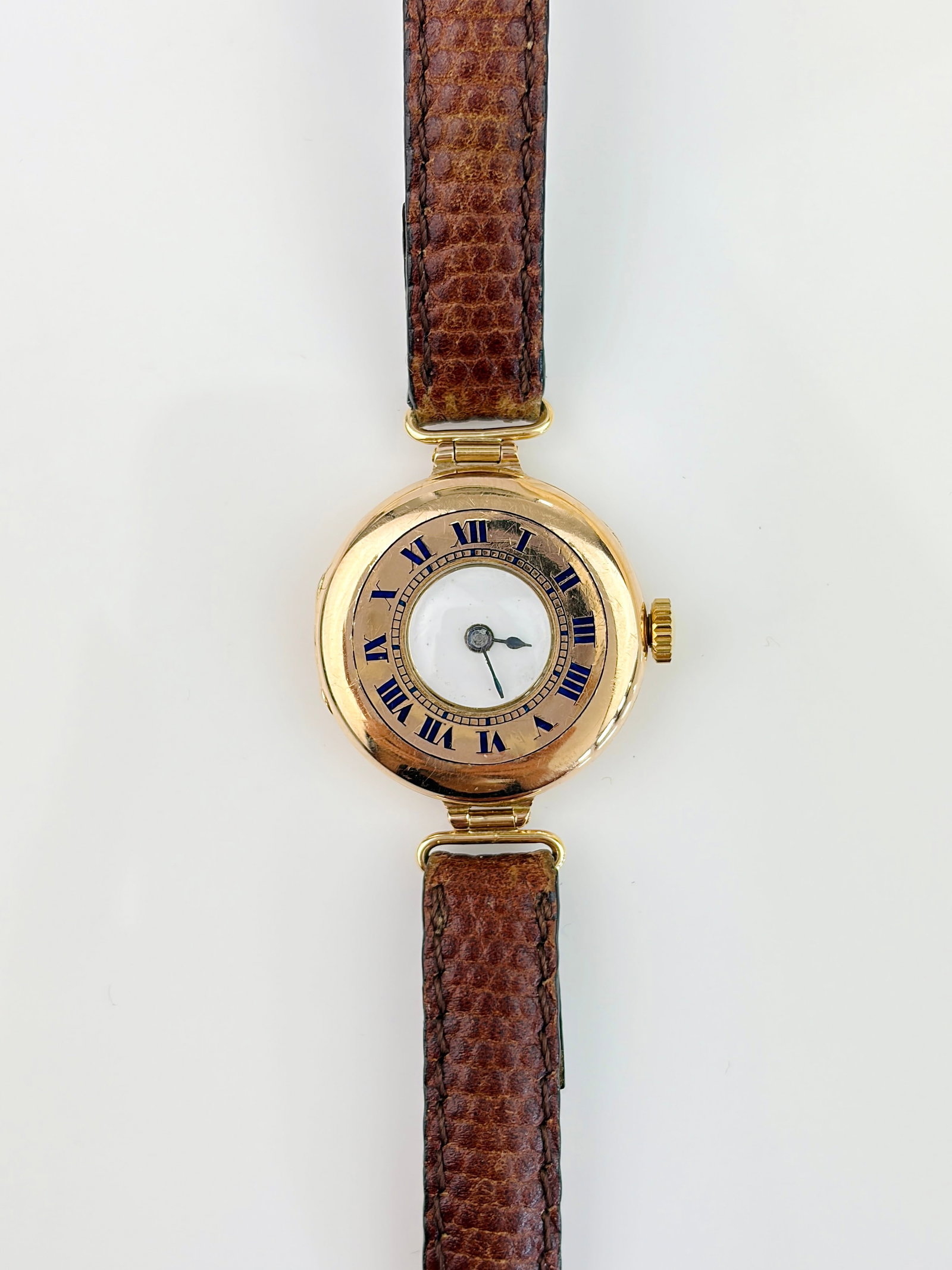 ANTIQUE 9CT GOLD HALF HUNTER WRISTWATCH WITH BROWN LEATHER STRAP (1 of 7)