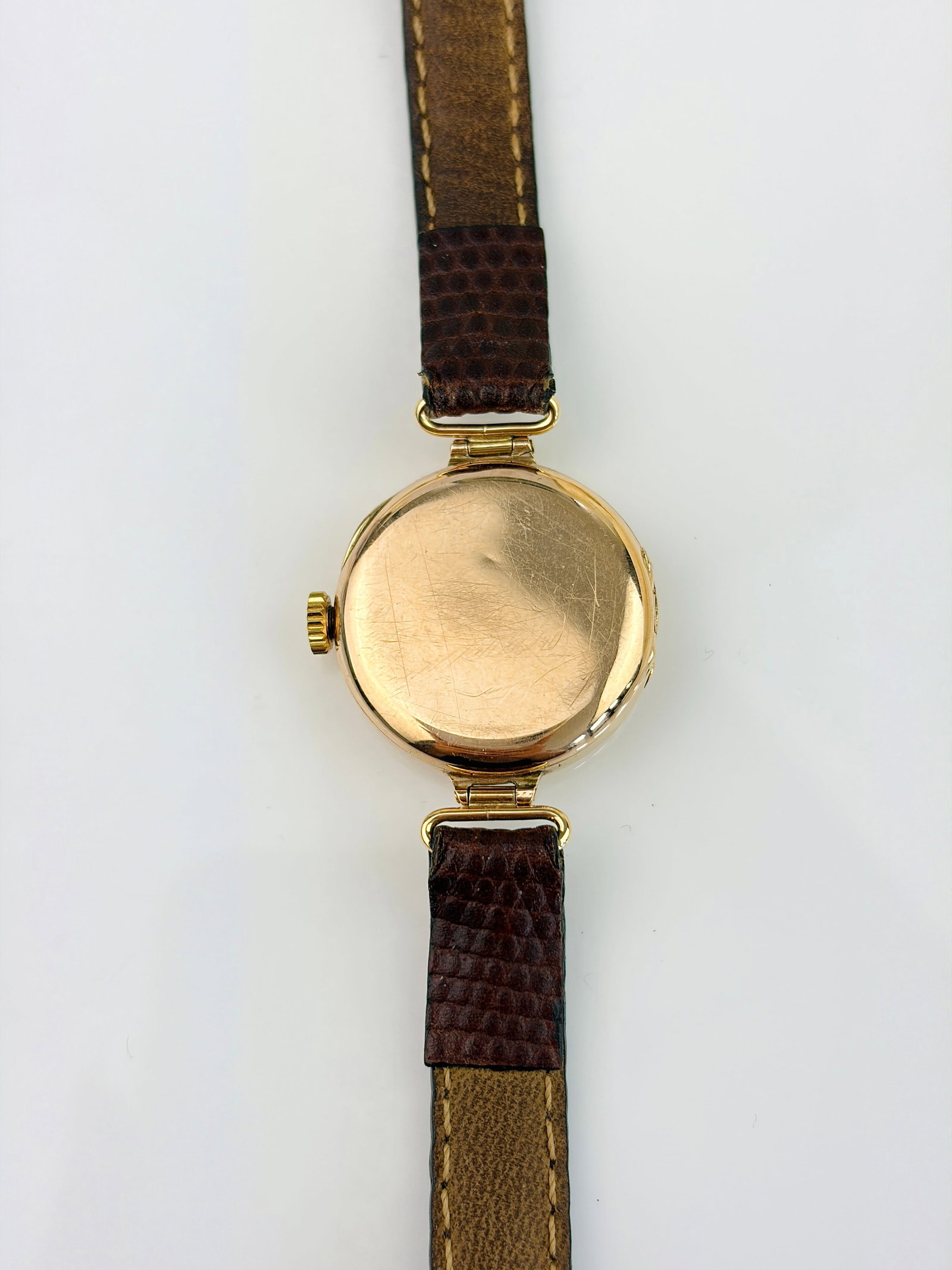 ANTIQUE 9CT GOLD HALF HUNTER WRISTWATCH WITH BROWN LEATHER STRAP - 3