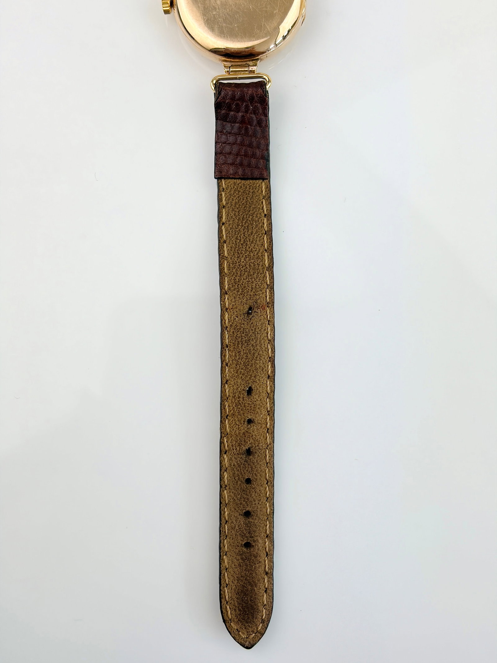 ANTIQUE 9CT GOLD HALF HUNTER WRISTWATCH WITH BROWN LEATHER STRAP - 4