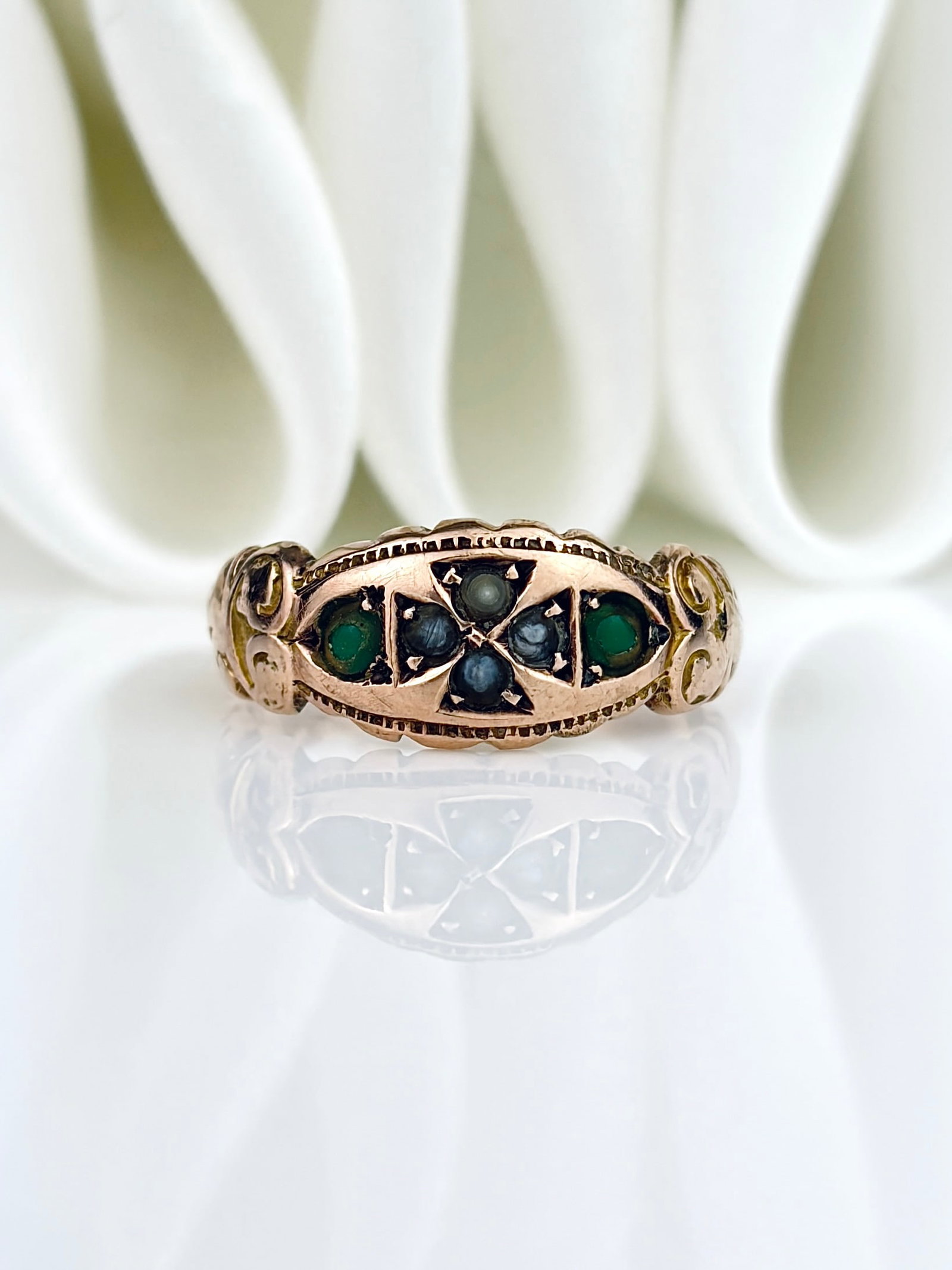 ANTIQUE EDWARDIAN TURQUOISE AND PEARL ORNATE RING IN 9CT GOLD: ANTIQUE EDWARDIAN TURQUOISE AND PEARL ORNATE RING IN 9CT GOLD Sweet ring!
