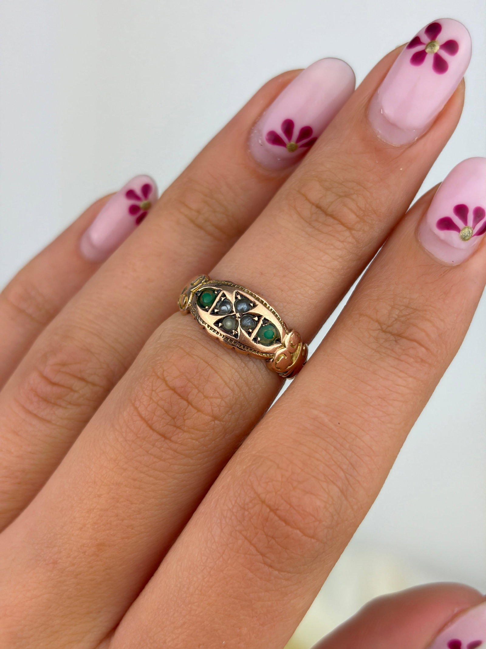 ANTIQUE EDWARDIAN TURQUOISE AND PEARL ORNATE RING IN 9CT GOLD - 8
