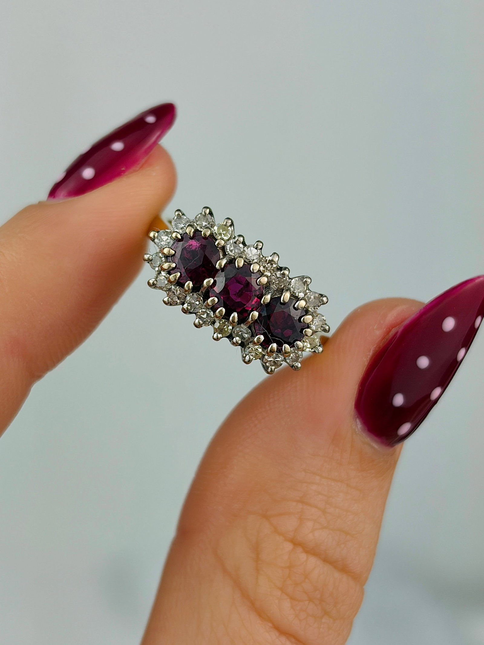 chunky vintage 18ct yellow gold ruby and diamond triple cluster ring - 5