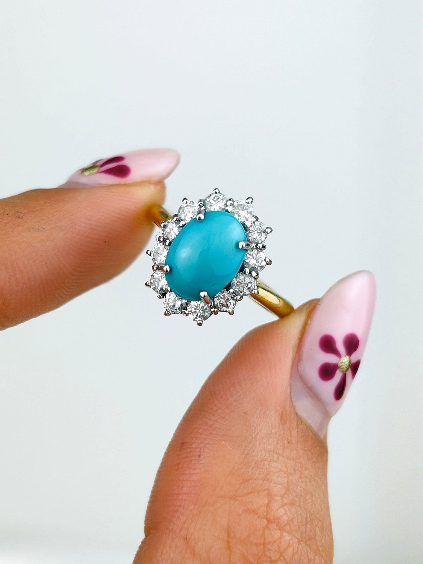 VINTAGE 18CT YELLOW GOLD TURQUOISE AND DIAMOND CLUSTER RING - 5