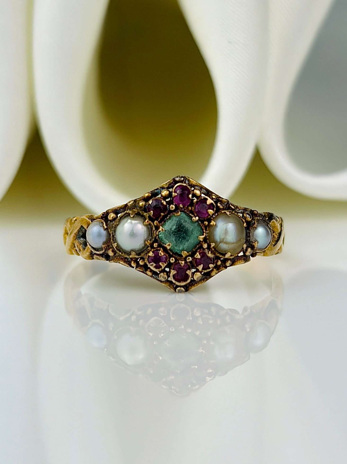antique 18ct gold pearl ruby and emerald gemset ring (1 of 9)