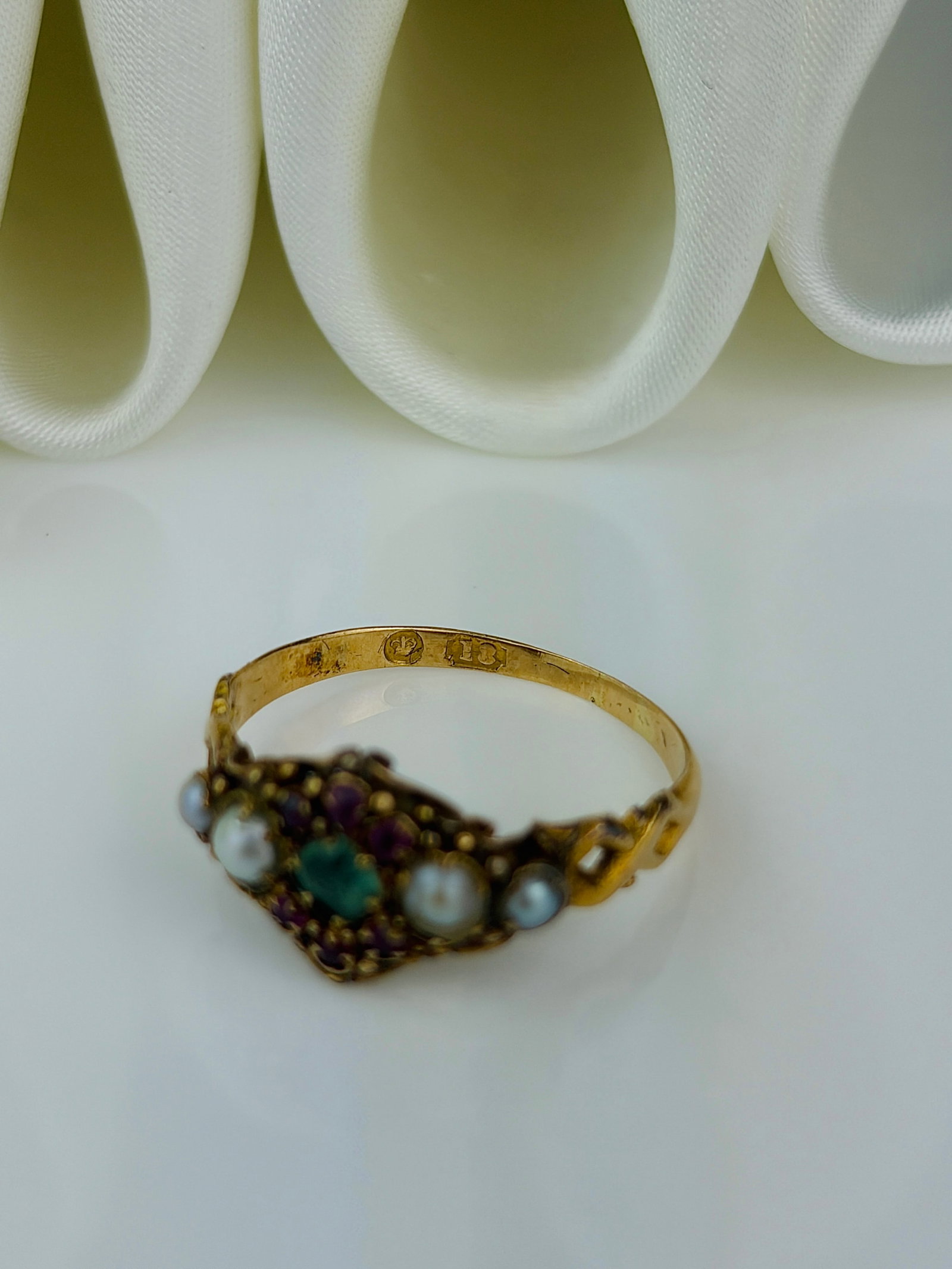 antique 18ct gold pearl ruby and emerald gemset ring - 4