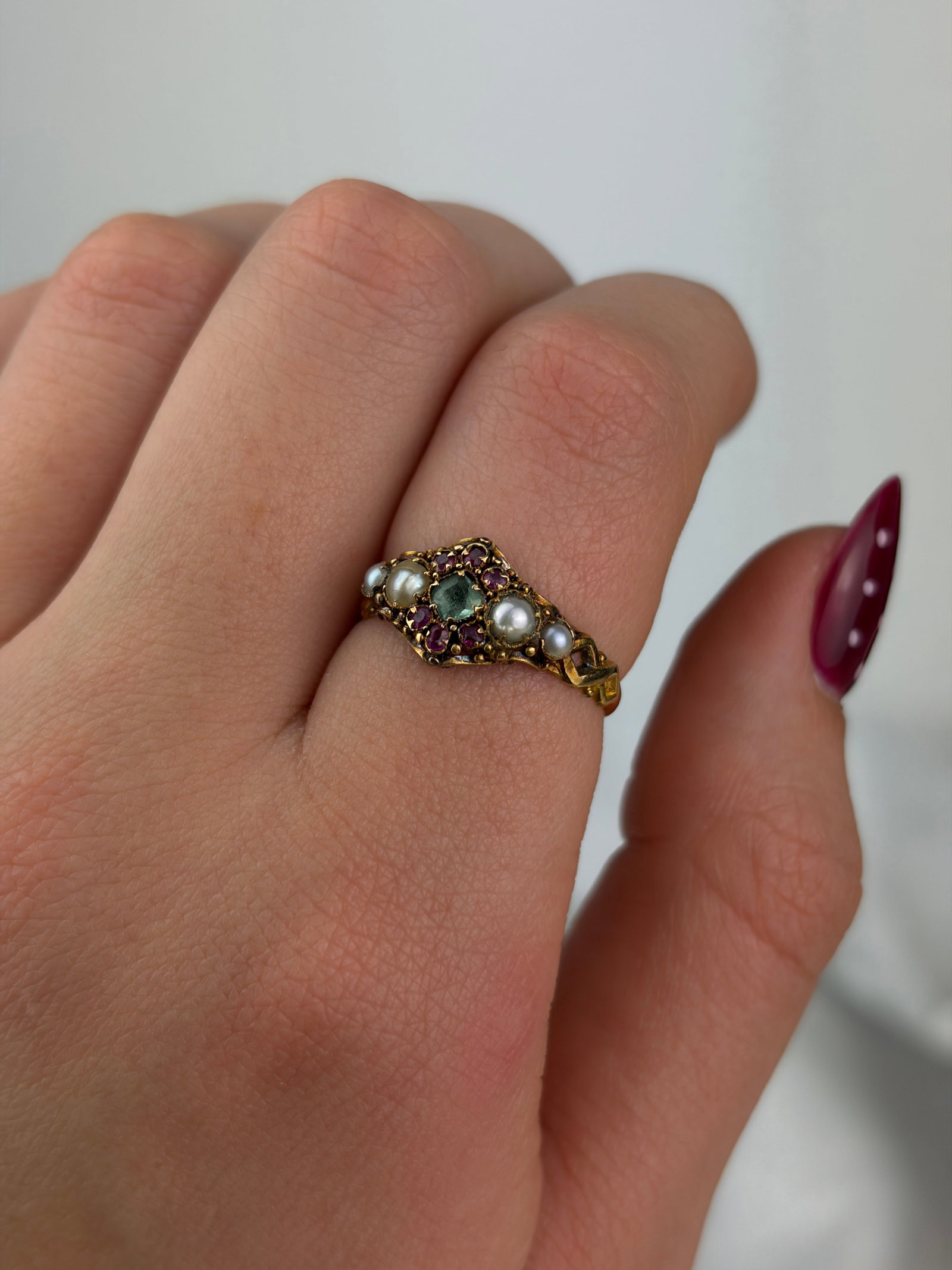 antique 18ct gold pearl ruby and emerald gemset ring - 9