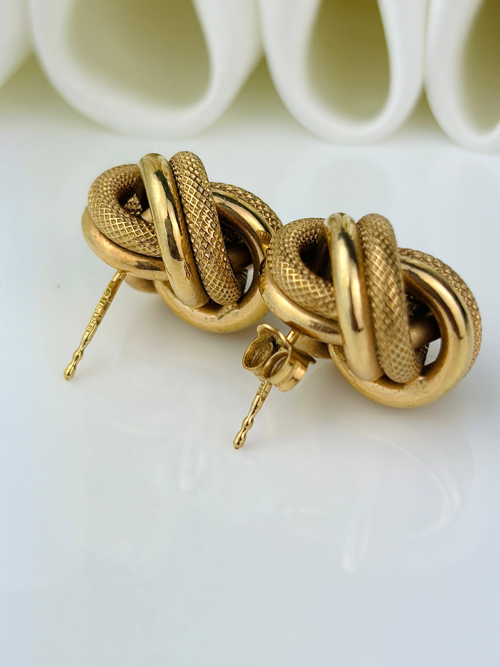 large vintage textured 9ct gold knot earrings - 3