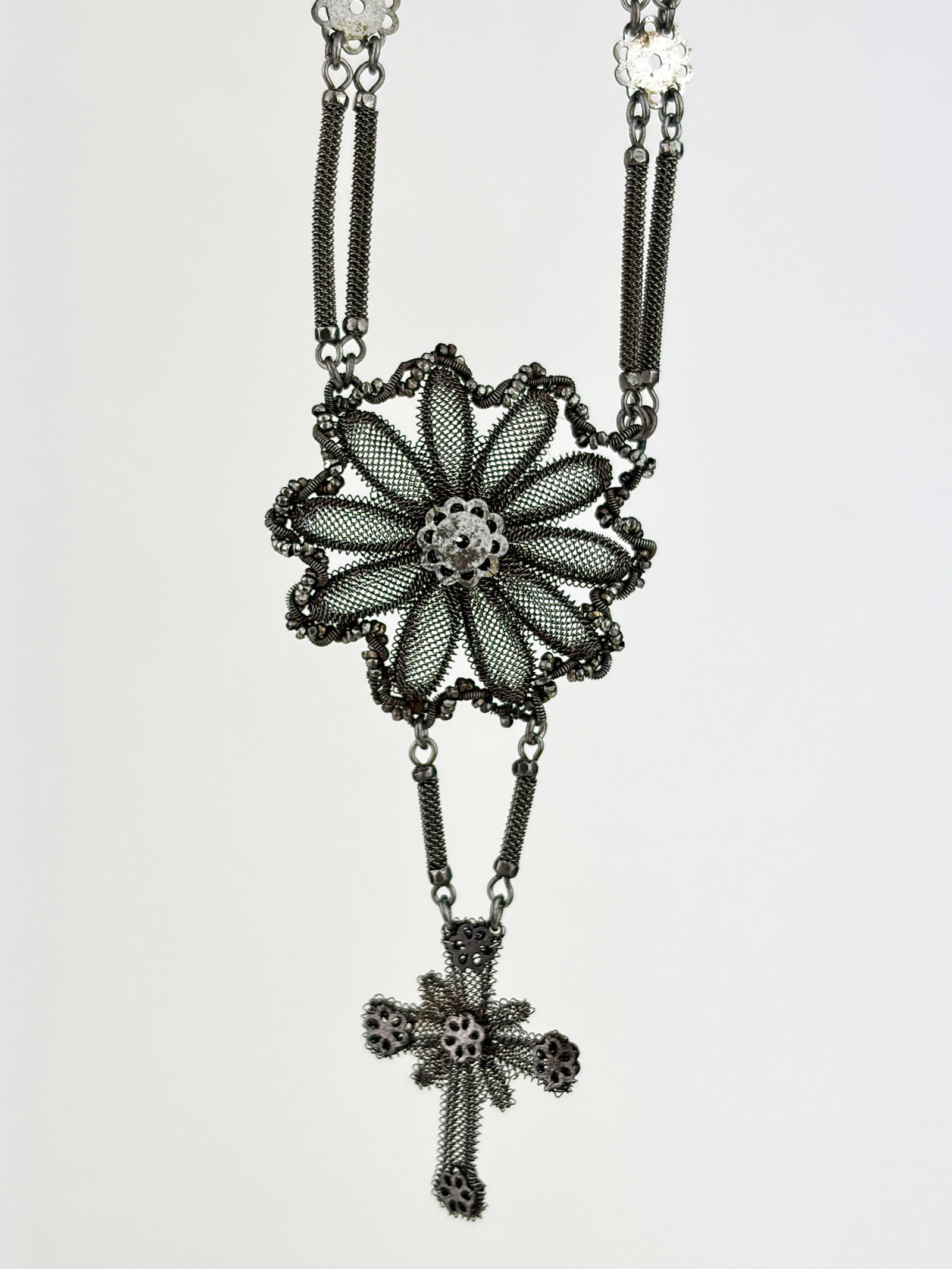 GEORGIAN SILESIAN WIREWORK CROSS AND CHAIN: GEORGIAN SILESIAN WIREWORK CROSS AND CHAIN A very cool, gothic necklace dating to the Georgian era. 