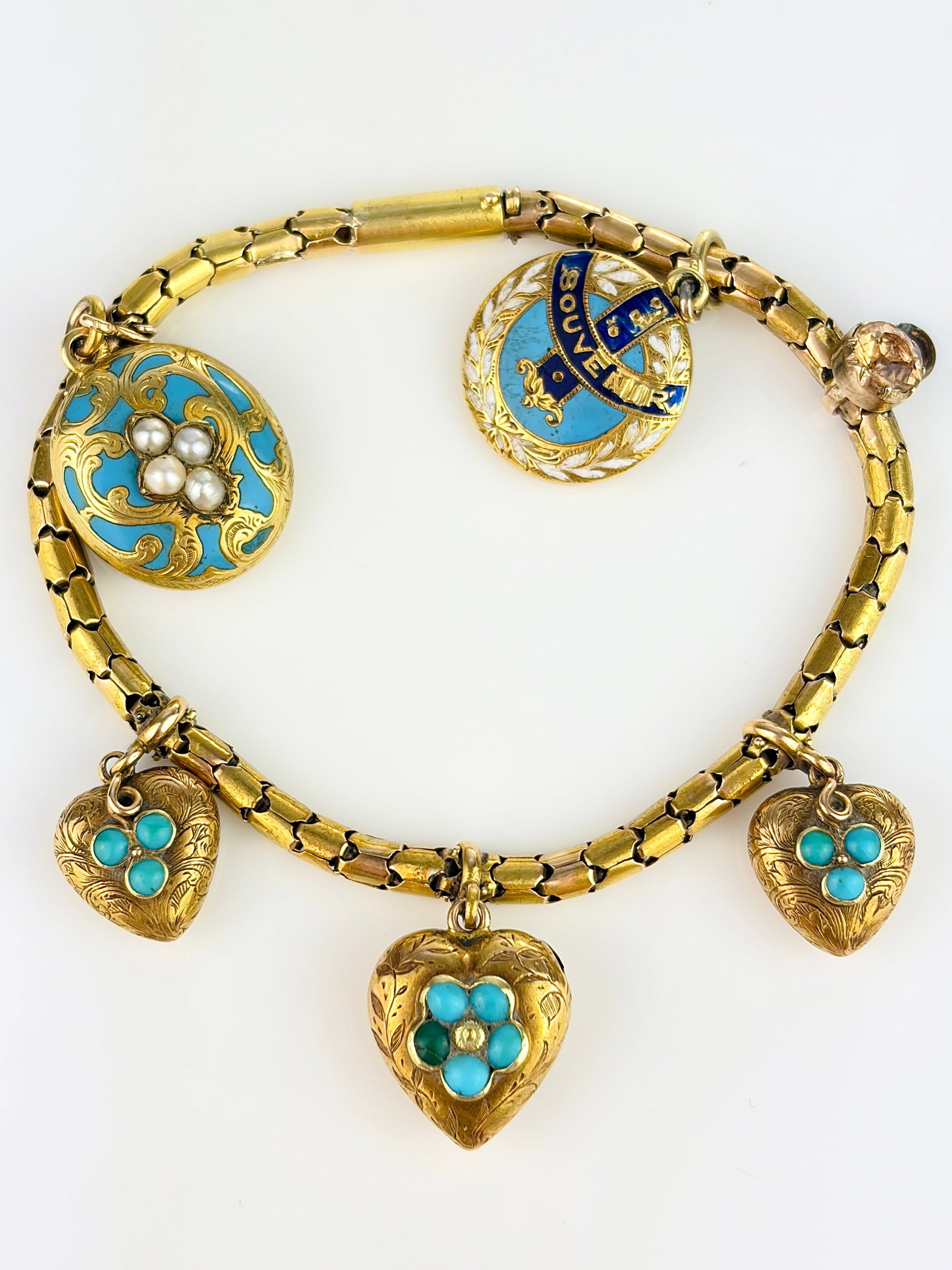ANTIQUE VICTORIAN 18CT YELLOW GOLD TURQUOISE HEART, AND BLUE ENAMEL AND PEARL CHARM BRACELET - 4