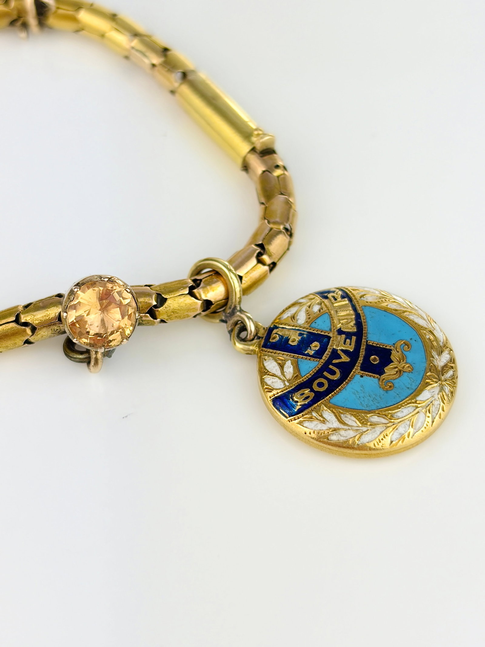 ANTIQUE VICTORIAN 18CT YELLOW GOLD TURQUOISE HEART, AND BLUE ENAMEL AND PEARL CHARM BRACELET - 5