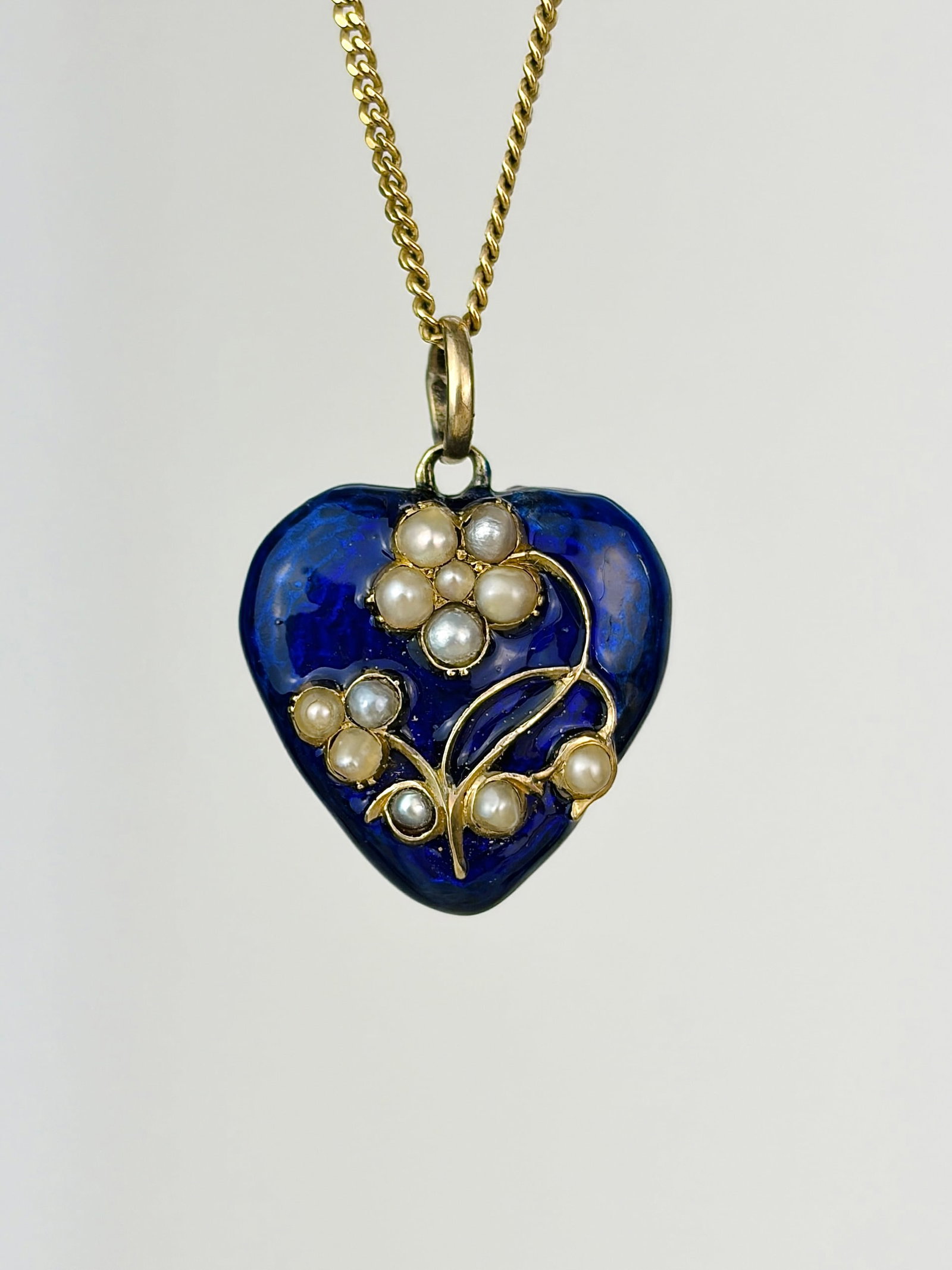 Antique Blue Enamel Pearl Forget Me Not Heart Locket Back Pendant in Gold: Antique blue enamel pearl forget me not heart locket back pendant in gold Such a beautiful glossy blue enamel!