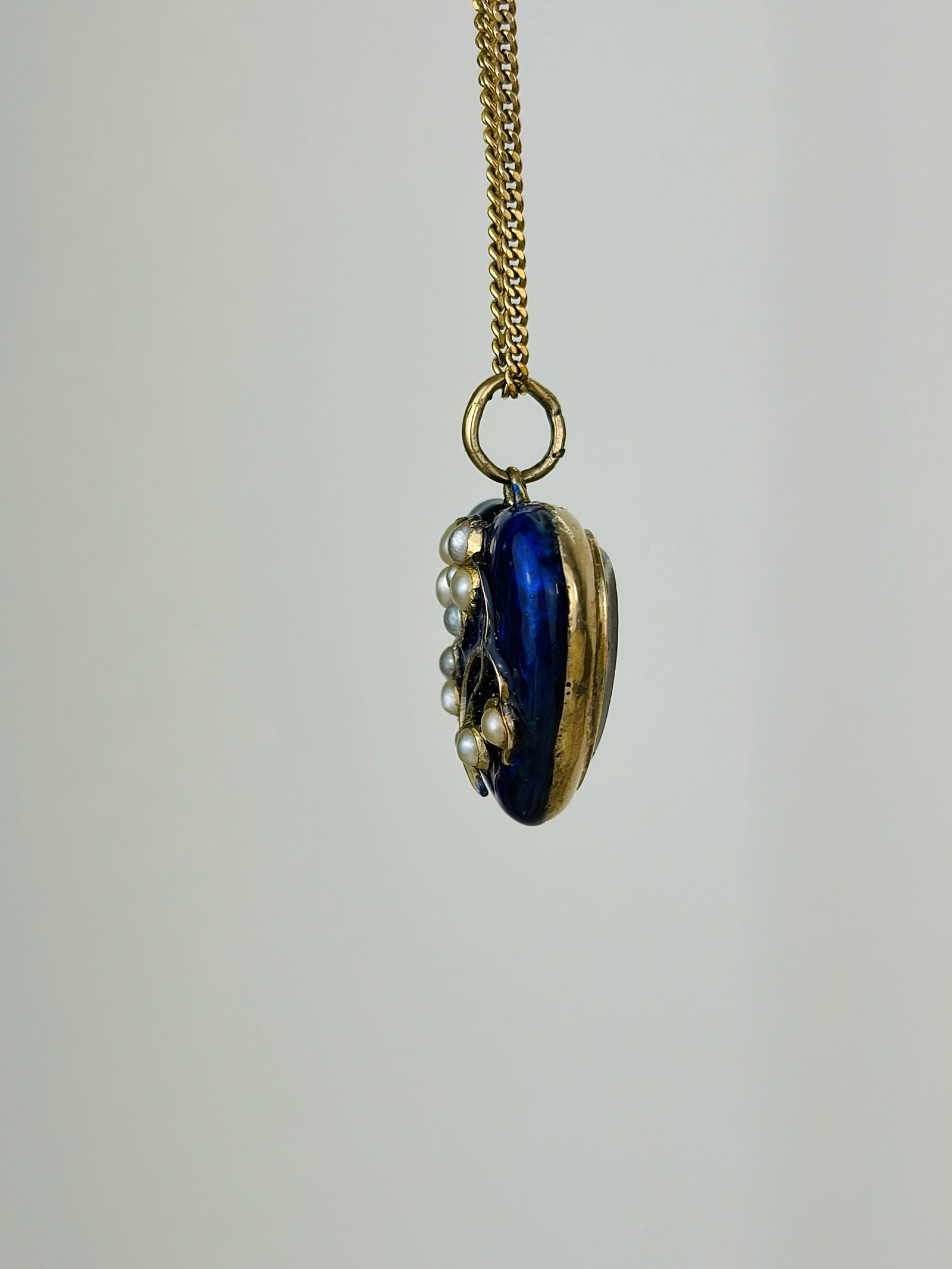 Antique Blue Enamel Pearl Forget Me Not Heart Locket Back Pendant in Gold - 2