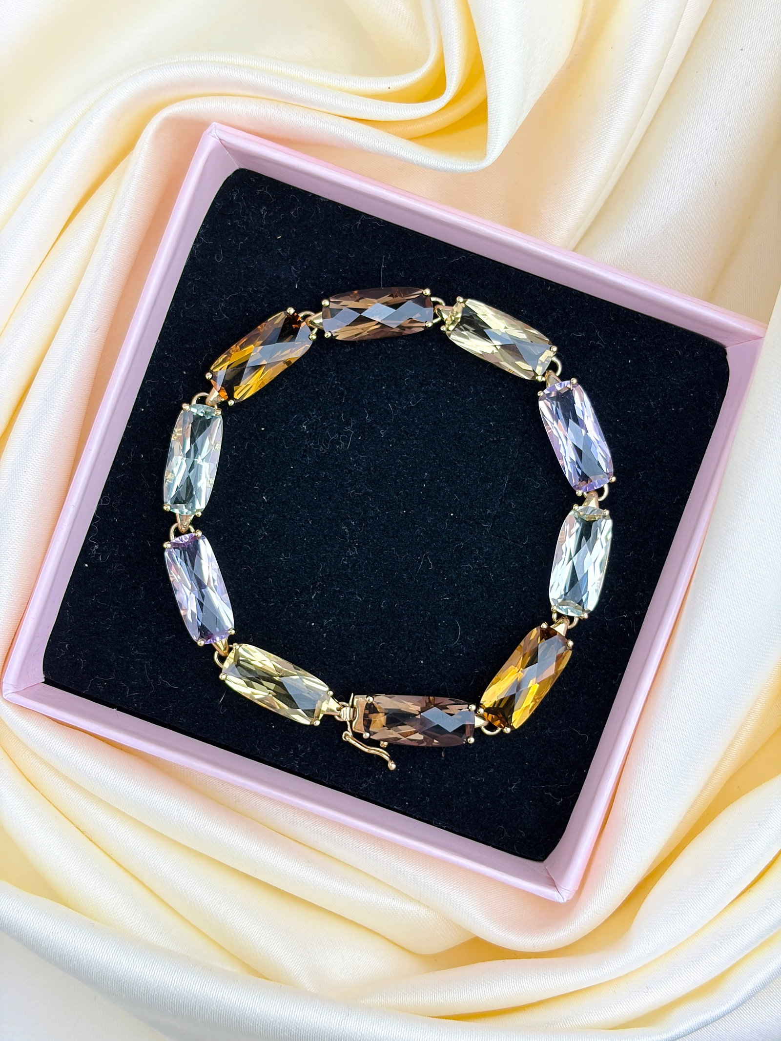 CHUNKY VINTAGE 9CT YELLOW GOLD MULTI GEMSTONE BRACELET - 9