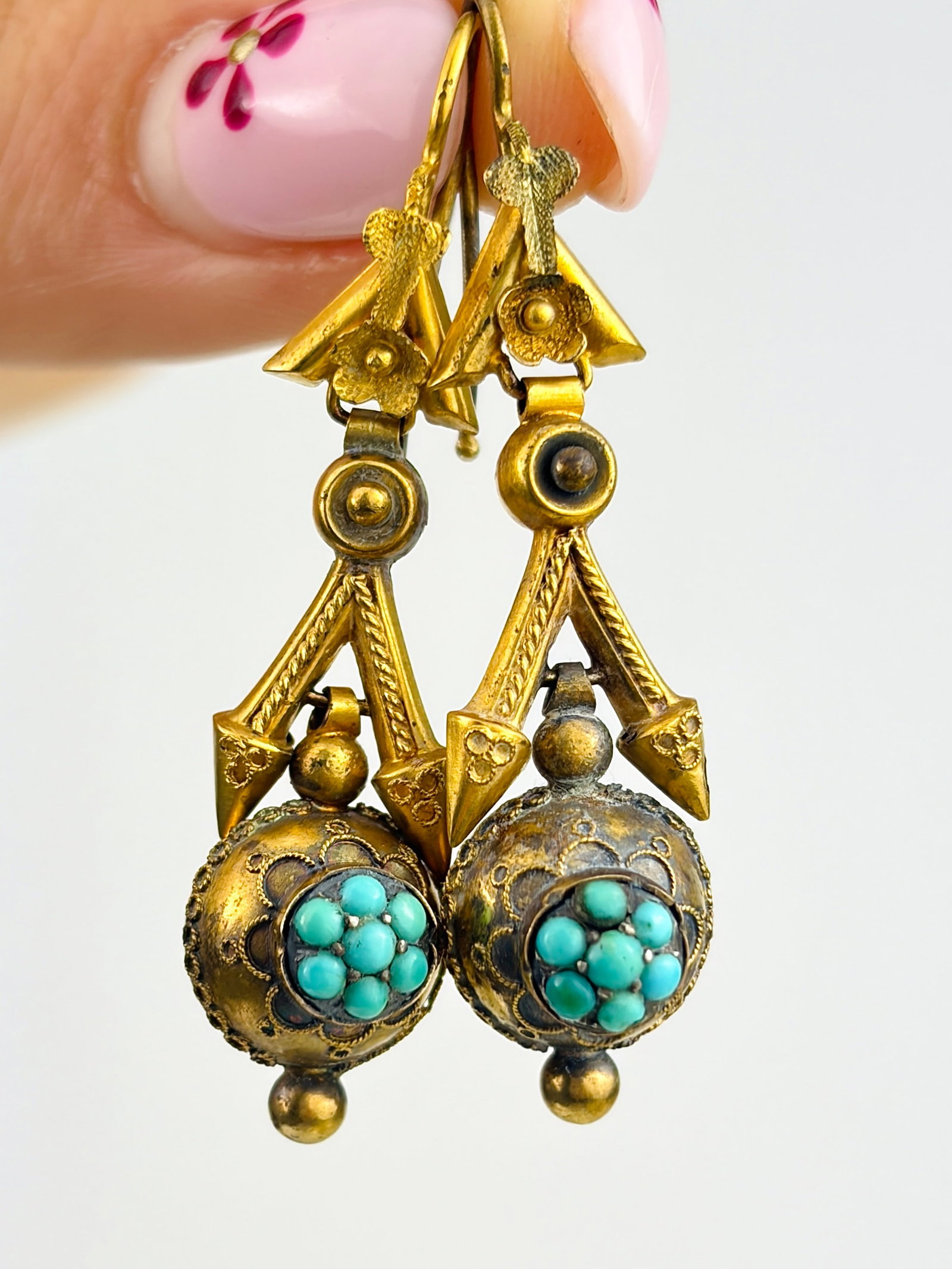 ANTIQUE VICTORIAN TURQUOISE ORB DROP EARRINGS IN GOLD: ANTIQUE VICTORIAN TURQUOISE ORB DROP EARRINGS IN GOLD Gorgeous earrings from the Victorian era!