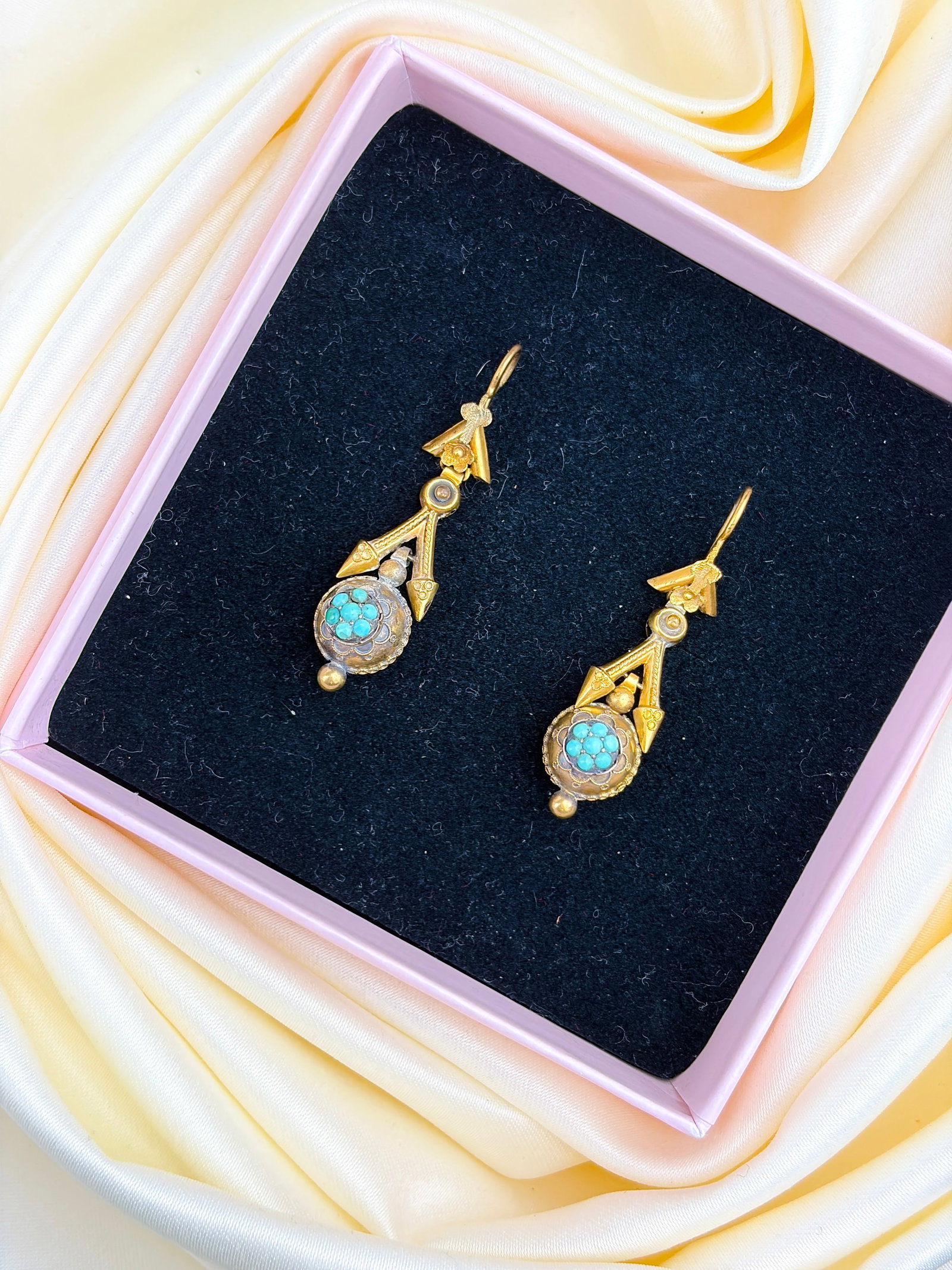 ANTIQUE VICTORIAN TURQUOISE ORB DROP EARRINGS IN GOLD - 7
